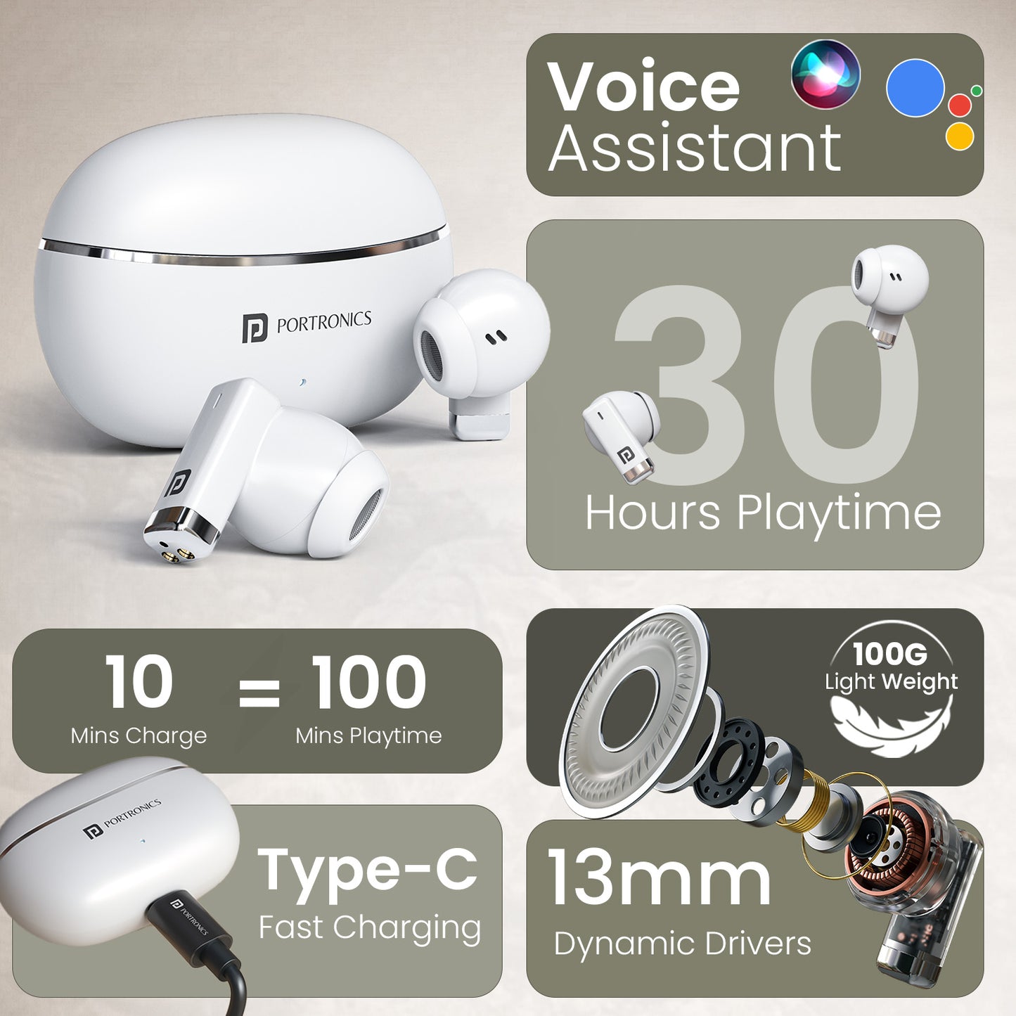 White Portronics Twins One TWS Earbuds | 13 mm driver earbuds with powerful bass output | best anc earbuds alternative in budget true wireless segment| best earbuds for travel| bluetooth earbuds at best price