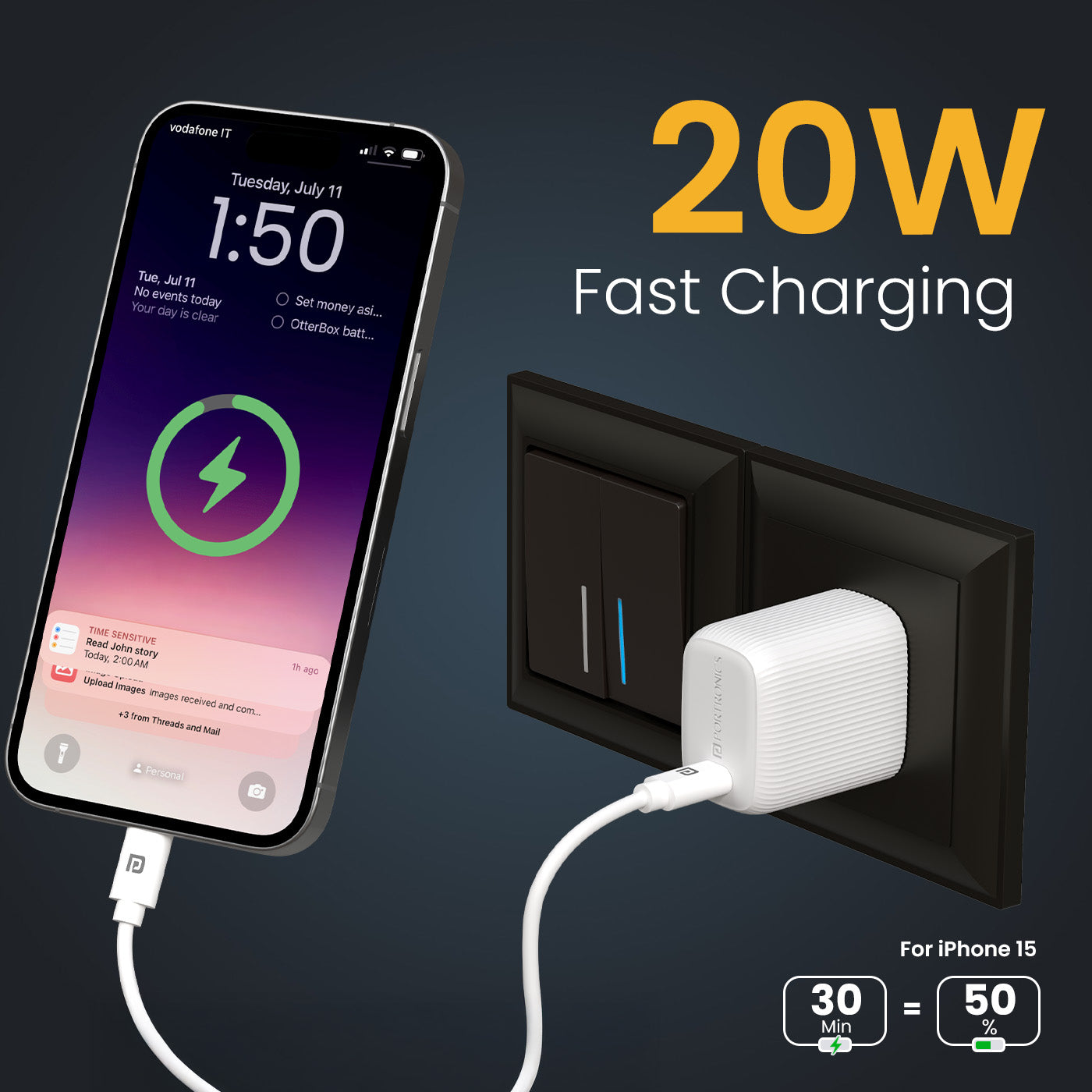 portronics adapto 20x type c charger | 20w fast charge phone charger adapter with power delivery and smart current regulation | mobile charger for iphone samsung and android devices