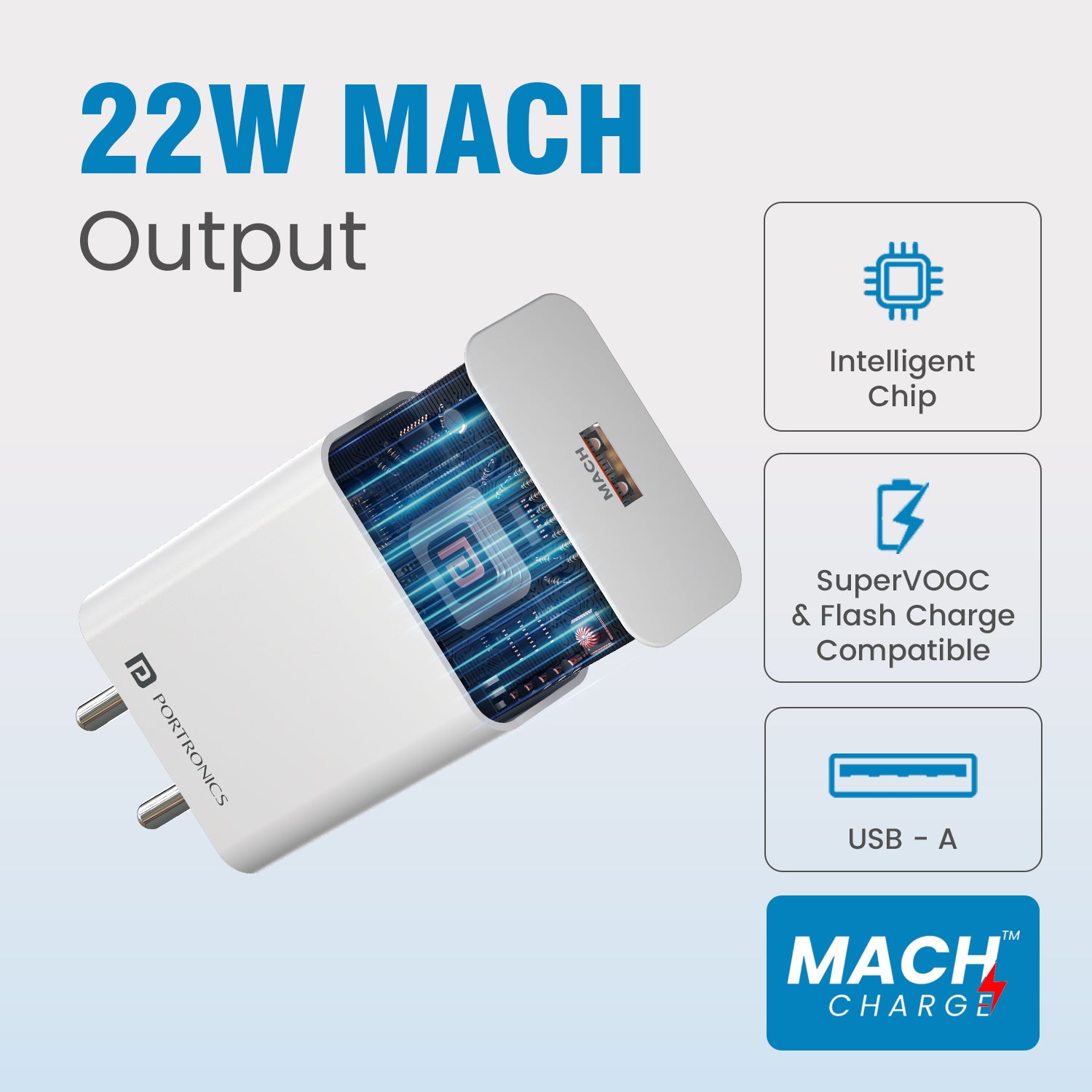 portronics adapto 22a smart chip charger | integrated intelligent chip regulating optimal power delivery | safe and efficient battery charging | best android charger with intelligent chip
