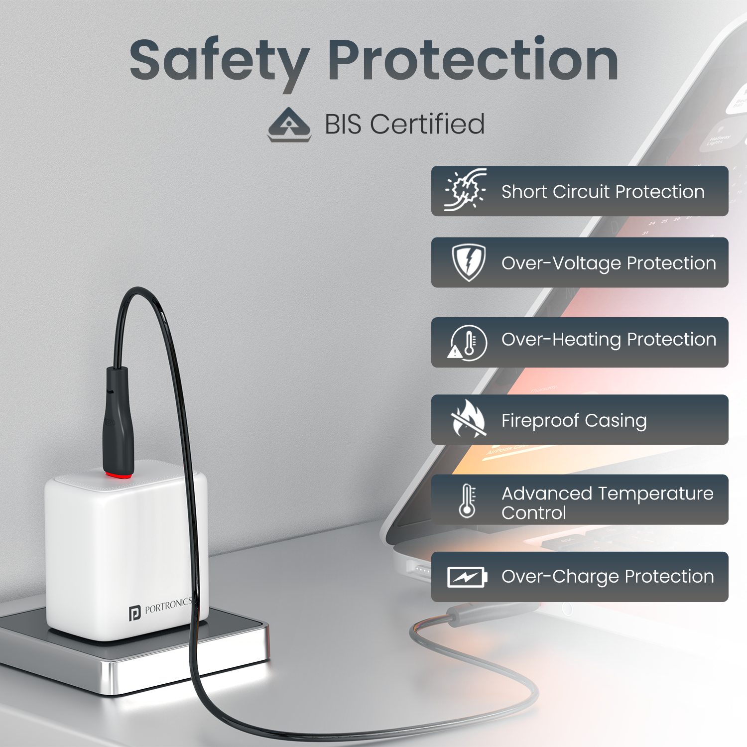 portronics adapto 40avs bis certified charger | multi layer safety protection with fireproof casing portronics charger | secure short circuit protection charging charger adapter | power adapter