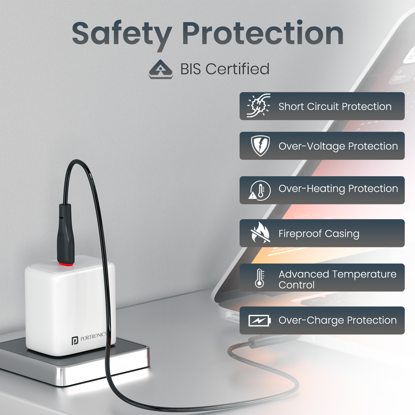 portronics adapto 40avs bis certified charger | multi layer safety protection with fireproof casing portronics charger | secure short circuit protection charging charger adapter | power adapter