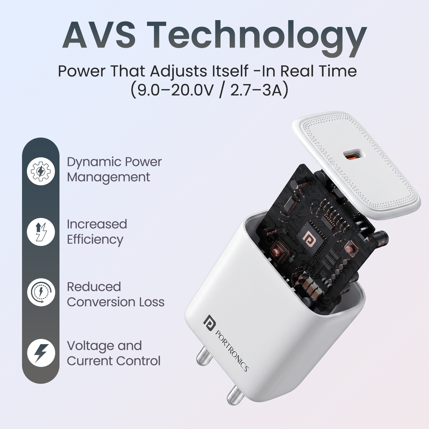 portronics adapto 40avs avs power adapter | real time adaptive voltage supply control type c fast charger | heat reduction energy efficiency power adapter | usb c power adapter