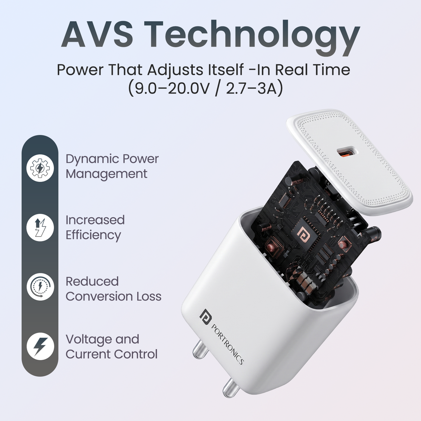 portronics adapto 40avs avs power adapter | real time adaptive voltage supply control type c fast charger | heat reduction energy efficiency power adapter | usb c power adapter
