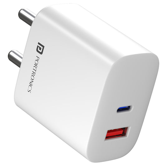 portronics adapto 45 plus 45w dual port adaptor front view with type-c and usb-a ports | compact white gan fast charging adaptor for smartphones tablets and laptops | best charger adapter in portronics adapters & chargers range