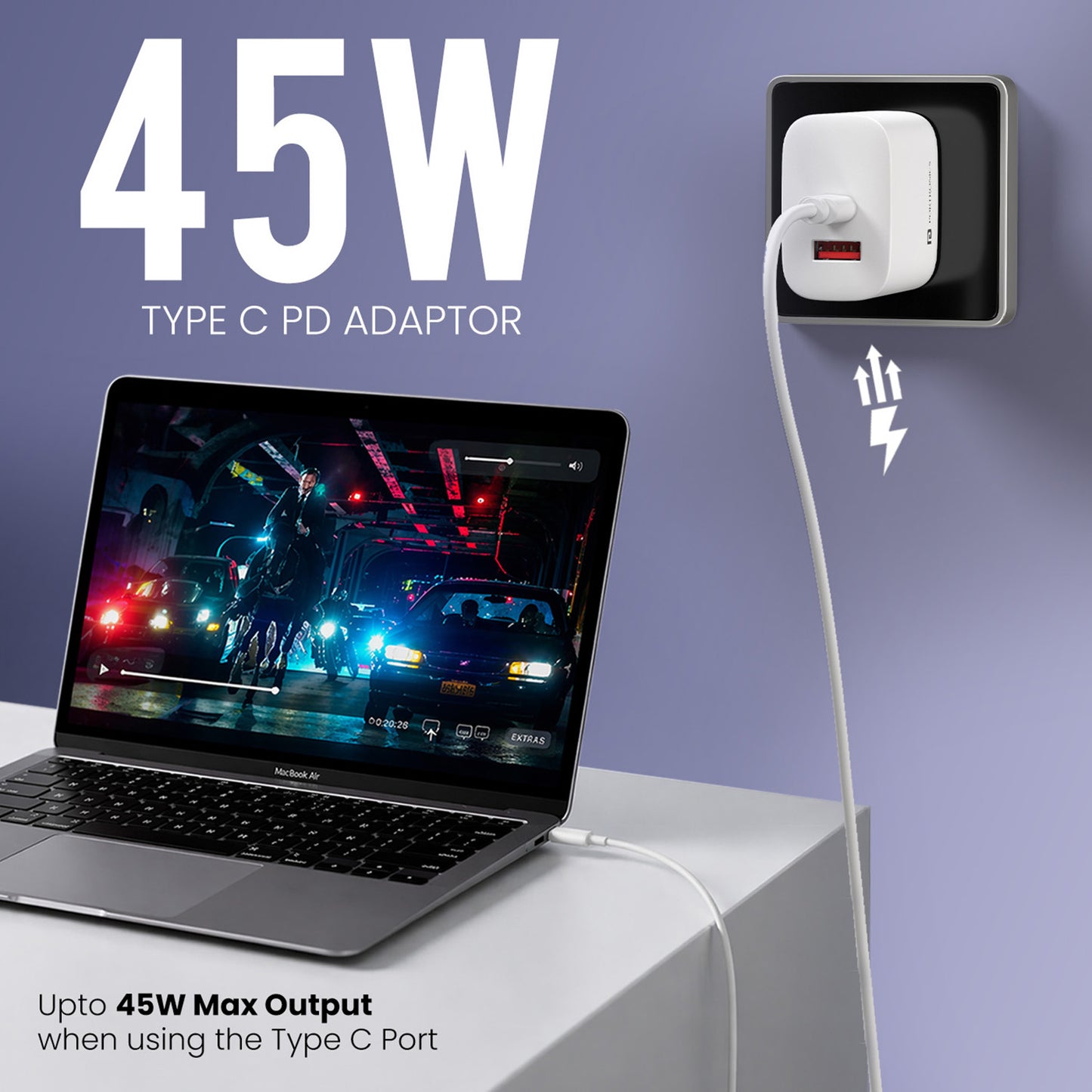 portronics adapto 45 plus 45w type c charging adaptor in use with smartphone and laptop | fast charging adaptor and mobile charger for everyday home office and travel charging | portable multiport charger with type c pd support for modern fast-charging devices