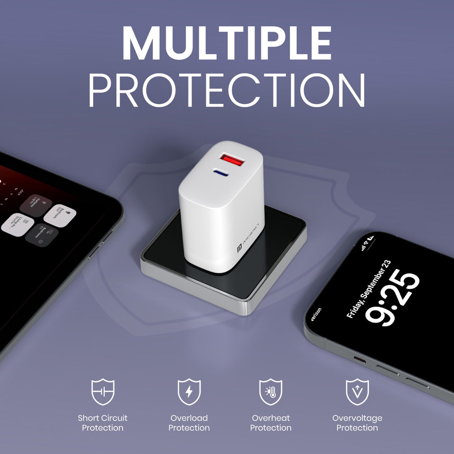 portronics adapto 45 plus built-in protection against short circuits overheating and overcharging for safe daily use | fast charging adaptor and charger adapter designed with advanced safety for mobile charger and laptop charger applications | most reliable type c charger and dual charger in adapters & chargers category