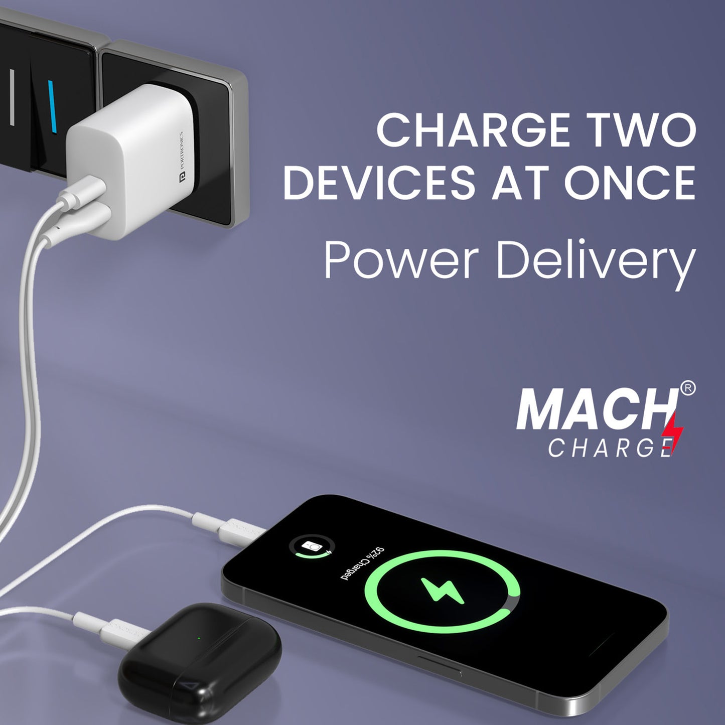 portronics adapto 45 plus dual port adaptor charging two devices at the same time | type c pd charging adaptor and usb charger delivering fast charge to phone charger and tablet charger simultaneously | best multi charger and dual charger for android ios and type-c ecosystems
