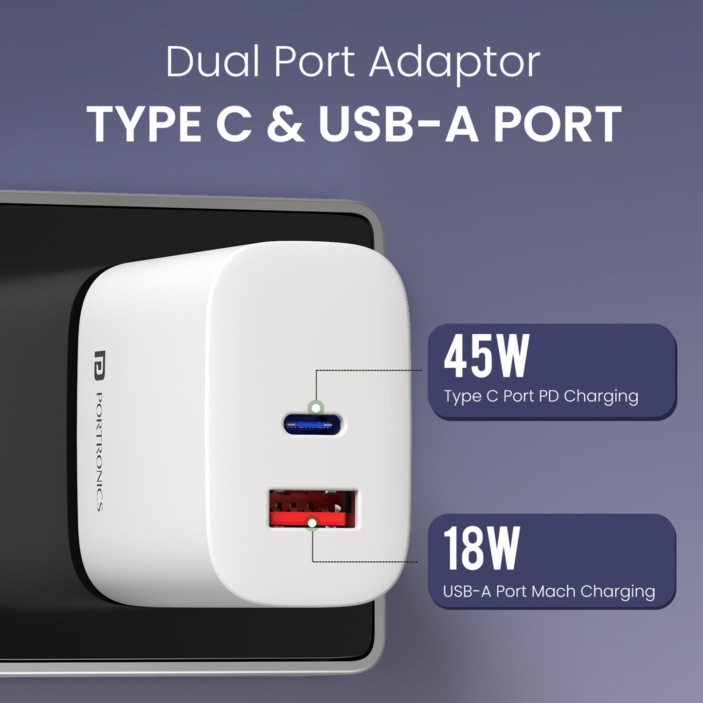 portronics adapto 45 plus type c pd port and usb-a port for simultaneous dual charging | multiport charger supporting 45w fast charge output for mobile charger and laptop charger use | universal type-c charger and multi usb charger with advanced gan technology