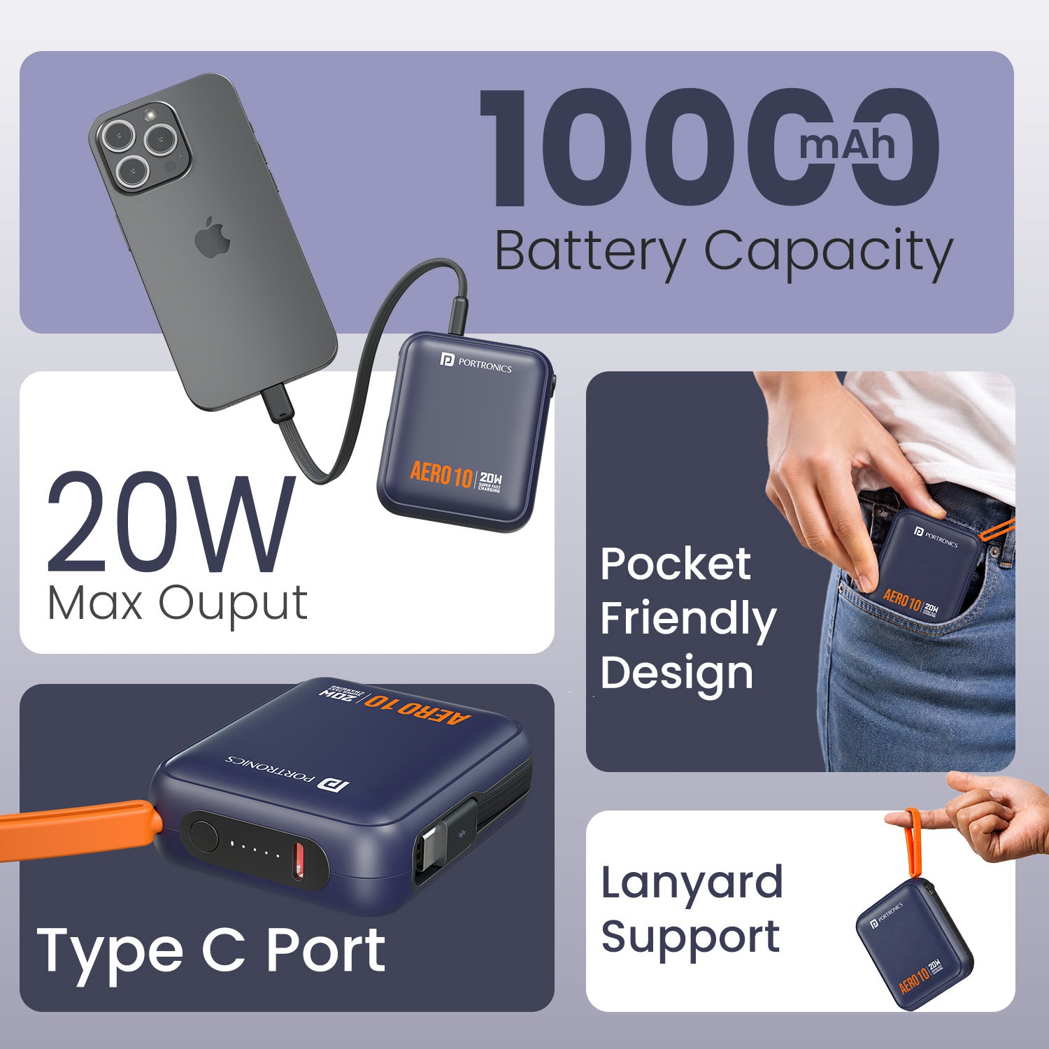 Blue portronics aero 10k 10000mah fast charging power bank | 10000mah high capacity battery for powering phone earbuds and smartwatches all day | power bank for iphone android and type c devices for long trips | best 10000mah power bank price in india for daily use