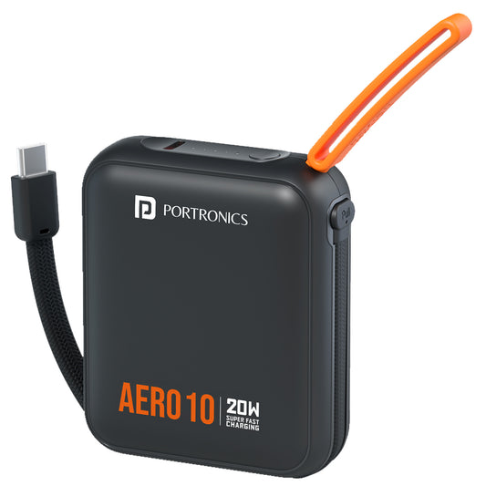 Black portronics aero 10k 10000mah power bank | 20w fast charging with detachable flat braided type c cable and strong lanyard | portable charger for android smartphones earbuds and neckbands | best 10000mah fast charging power bank india