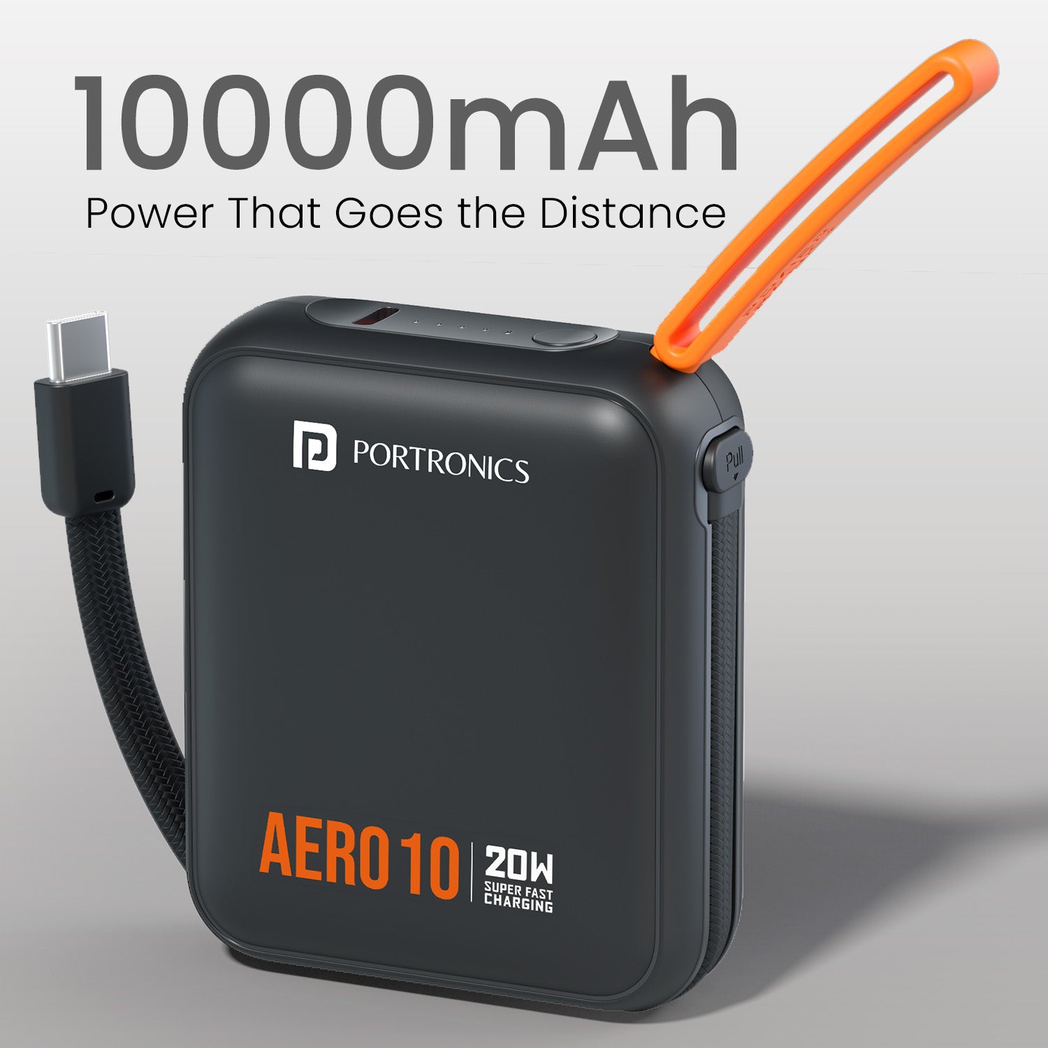 Black portronics aero 10k 10000mah powerbank | large 10000mah battery capacity for all-day charging of multiple devices | power bank for mobile smartphone earbuds and type c gadgets | best 10000mah pocket power bank for students in india