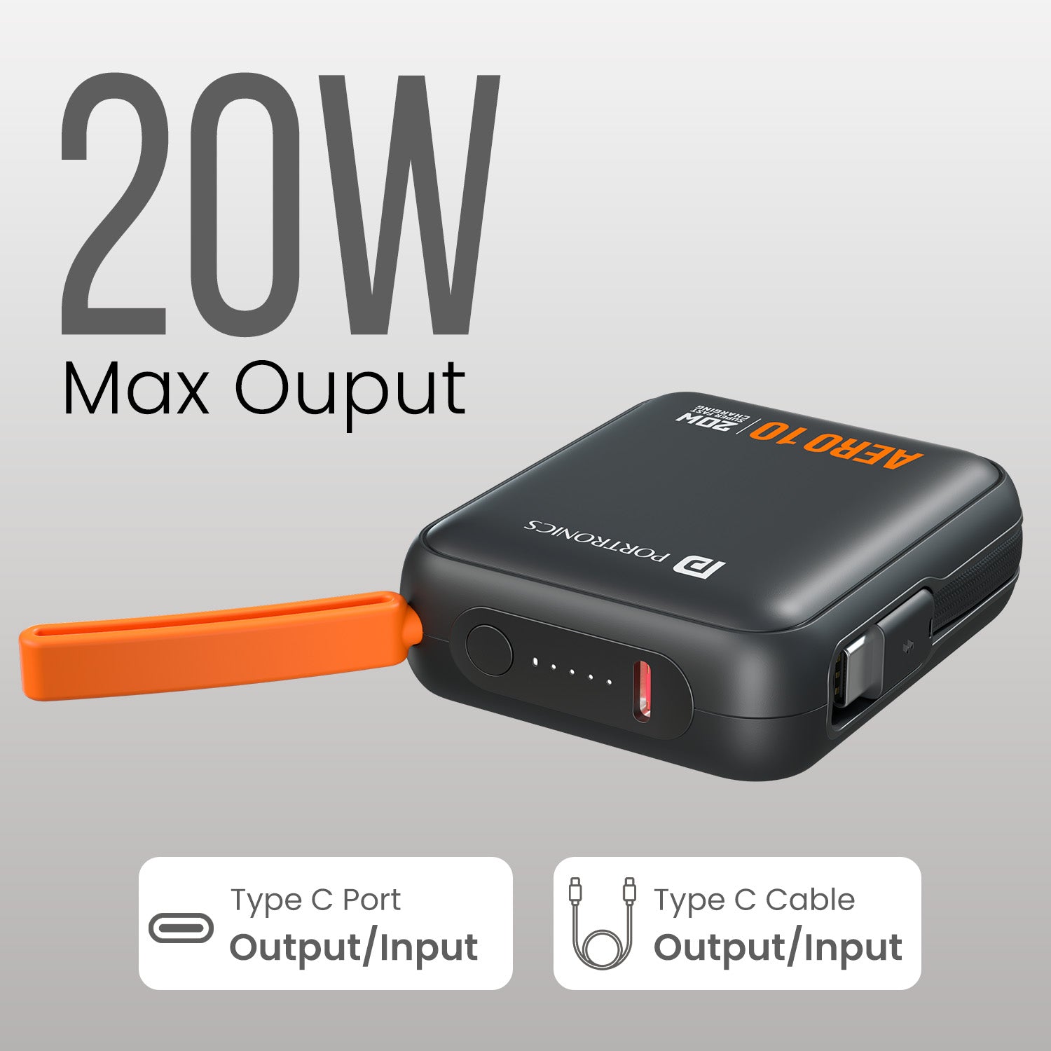 Black portronics aero 10k 20w power bank | type c pd output port with detachable cable for super fast device charging | fast charging powerbank for iphone tablets smartwatches and earbuds | which power bank gives 20w max output with type c pd port