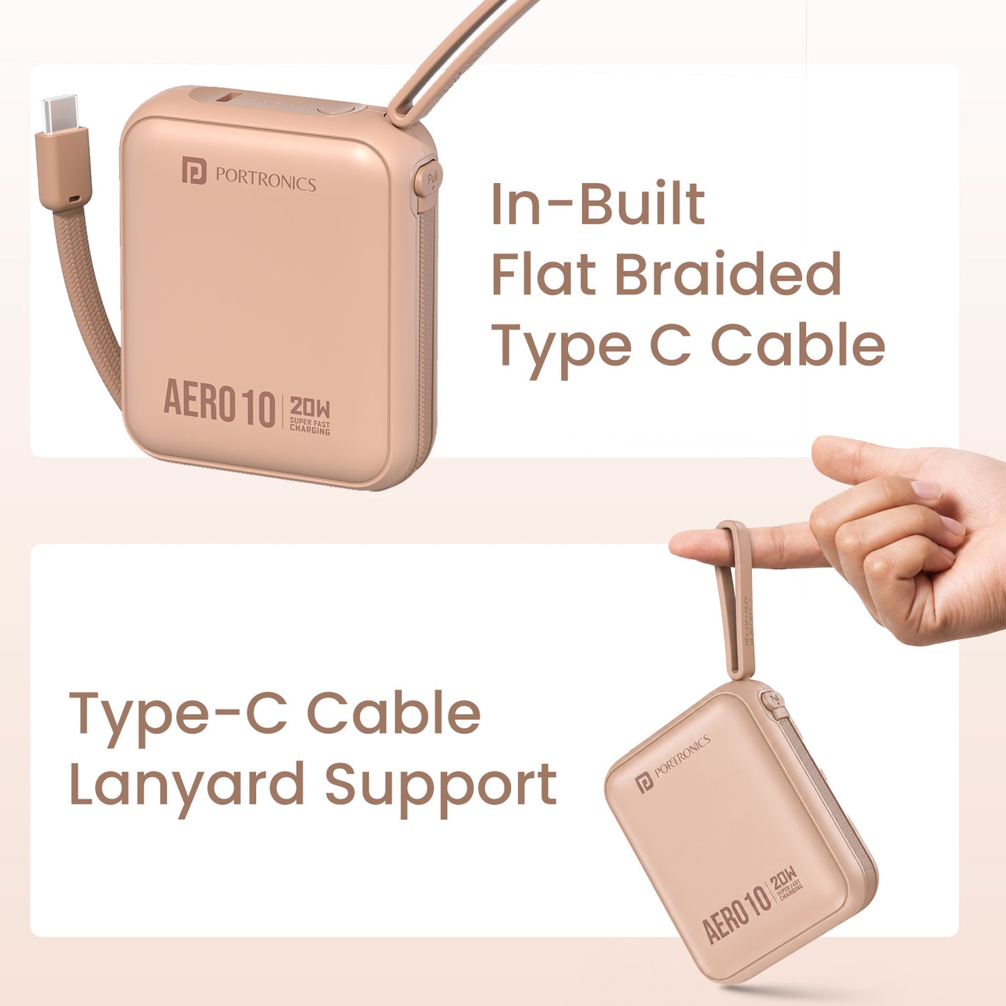 Mocha portronics aero 10k power bank with built-in cable | flat braided detachable type c cable with type c lanyard for no-hassle daily carry | best power bank for mobile charging without needing a separate cable | which portronics power bank has in-built flat braided cable and lanyard