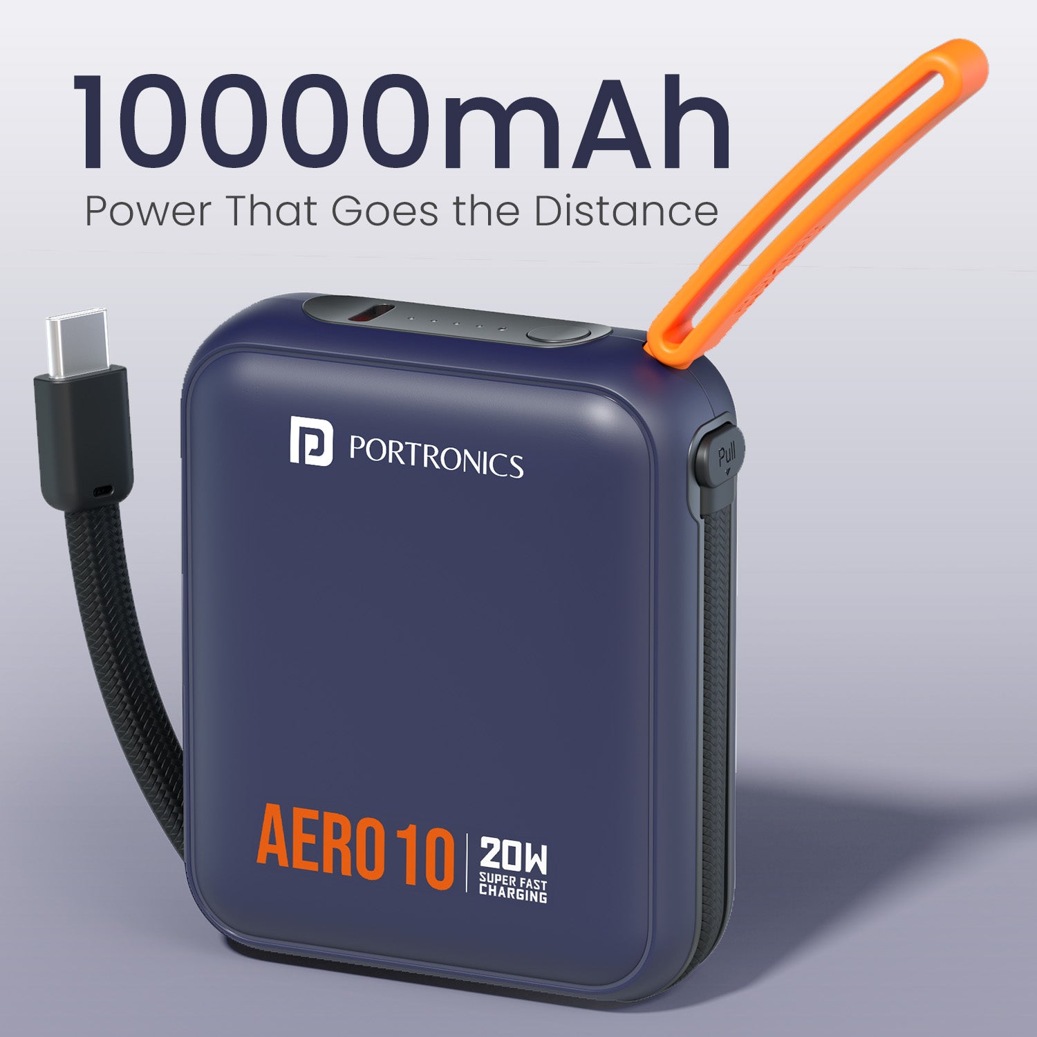 Blue portronics aero 10k power bank with cable | in-built flat braided type c cable with strong lanyard for hands-free carry while charging | travel power bank with detachable cable for mobile and type c devices | is there a power bank with in-built type c cable and lanyard support