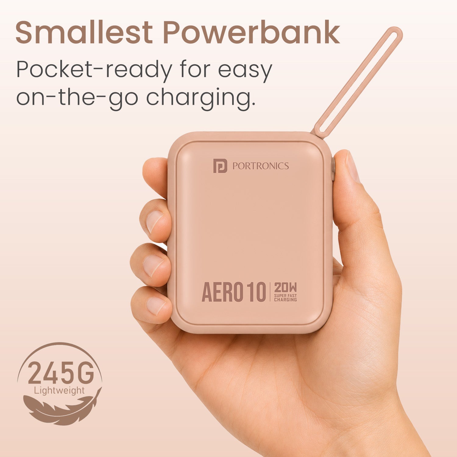 Mocha portronics aero 10k smallest 10000mah power bank | pocket-ready 245g compact powerbank for easy one-hand carry and fast on-the-go charging | smallest power bank for daily college office and outdoor mobile charging | is aero 10k the most compact 10000mah fast charging powerbank in india