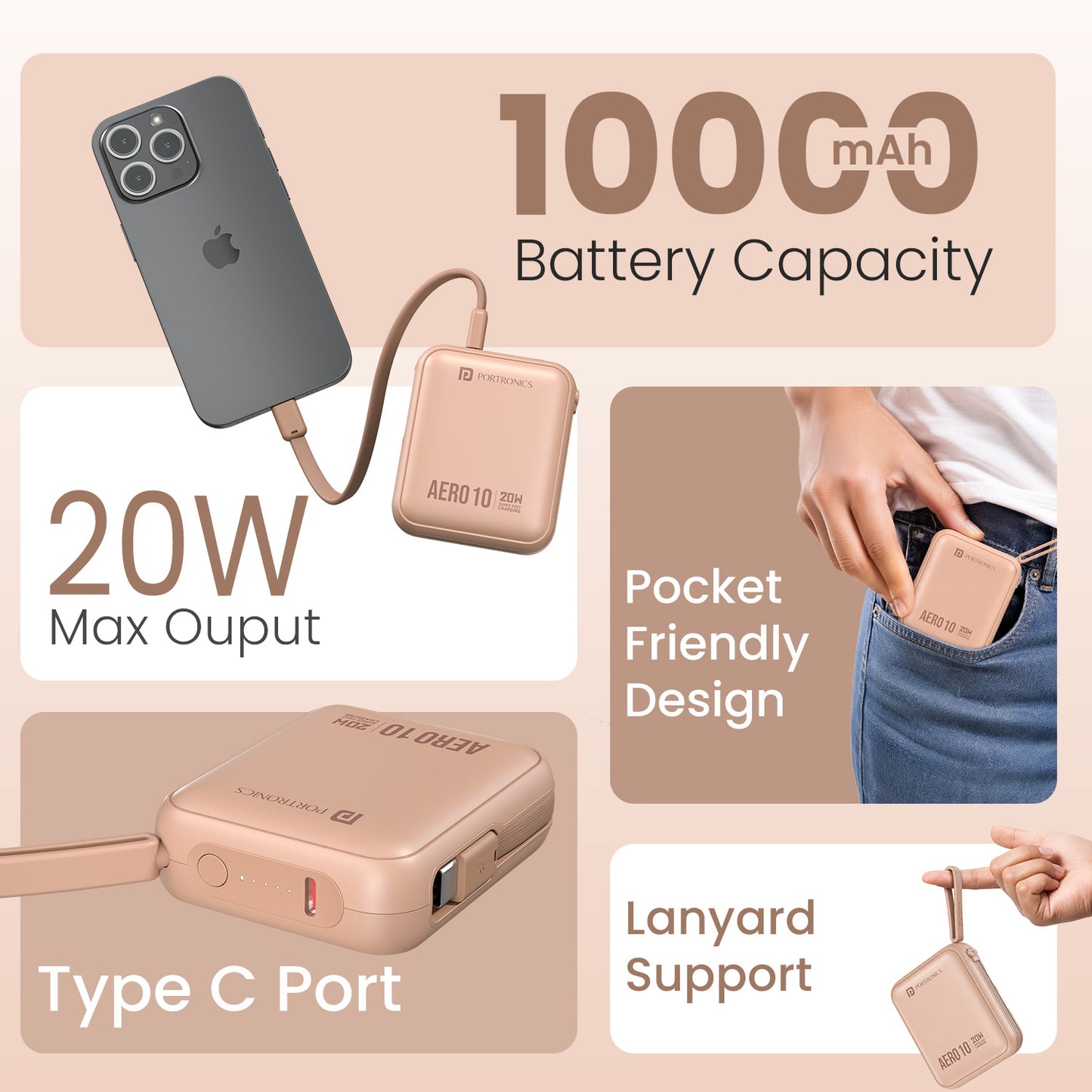 Mocha portronics aero 10k travel power bank | feature-packed 10000mah powerbank with 20w charging pocket friendly design lanyard and led indicator | best travel power bank for student office and everyday outdoor charging | best 10000mah power bank with led indicator and lanyard in india