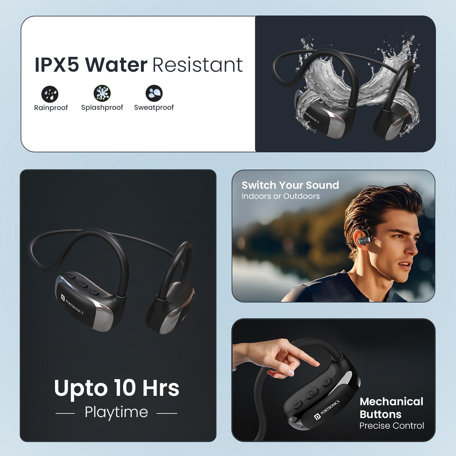 portronics aero tune ipx5 water resistant wireless neckband with upto 10 hours playtime | rainproof splashproof sweatproof neckband earphones with mechanical buttons | best neckband with anc and enc for all-day use