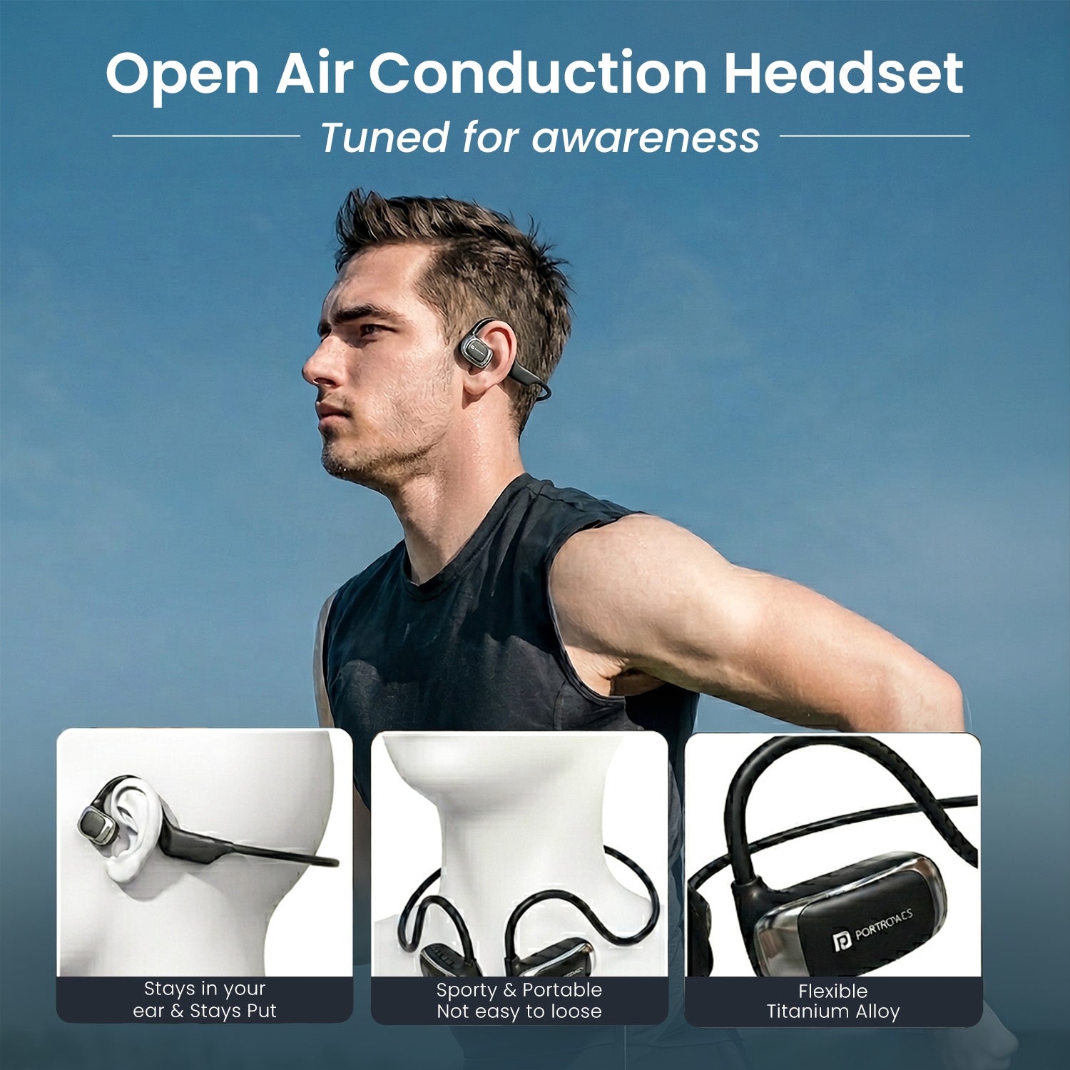 portronics aero tune open air conduction neckband earphones tuned for awareness | sporty portable flexible titanium alloy wireless stereo headset | best neckband earphones for gym running and outdoor activities