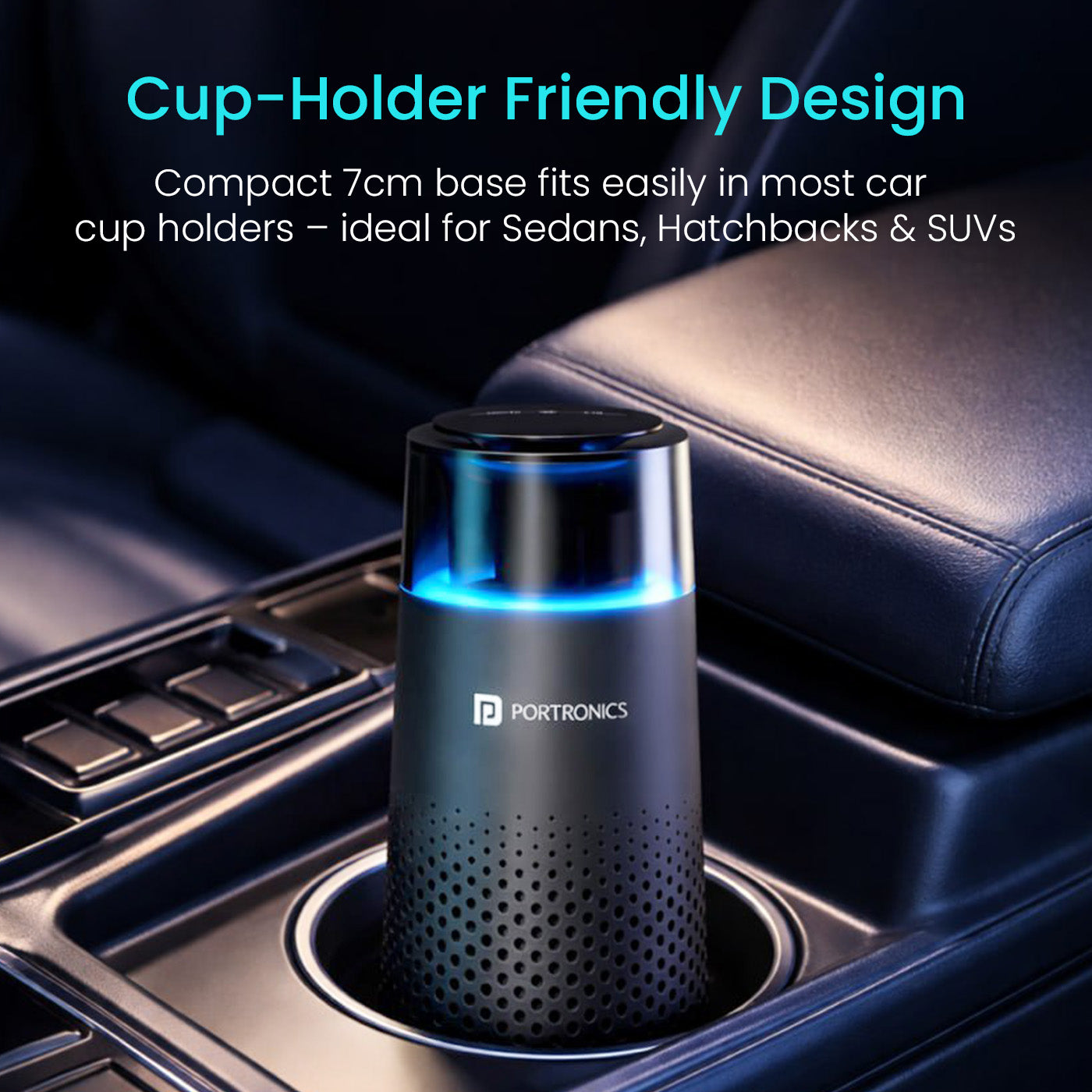 portronics aerodrive air humidifier type-c powered on a car centre console near the gear shift with rainbow rgb lighting on top and usb type-c cable connected – compatible with car chargers, power banks, and usb ports