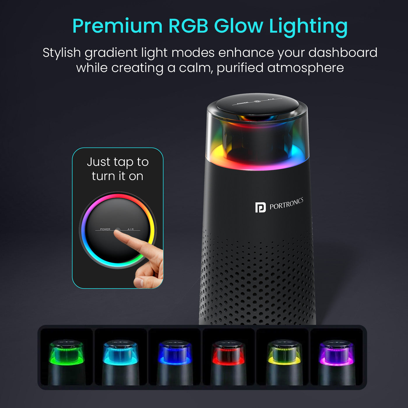 portronics aerodrive best humidifier in india with 3 rgb gradient ambient light modes – full-body product view with six distinct colour lighting options including green, teal, blue, red, yellow-green, and purple for a calming night lamp effect during drives