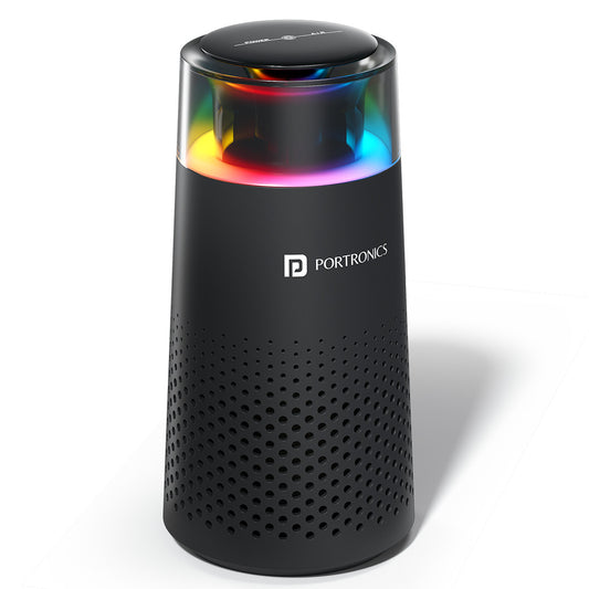 portronics aerodrive car air humidifier and air purifier with premium rgb gradient lighting ring on top and perforated black cylindrical body – best humidifier in india for clean and fresh car cabin air