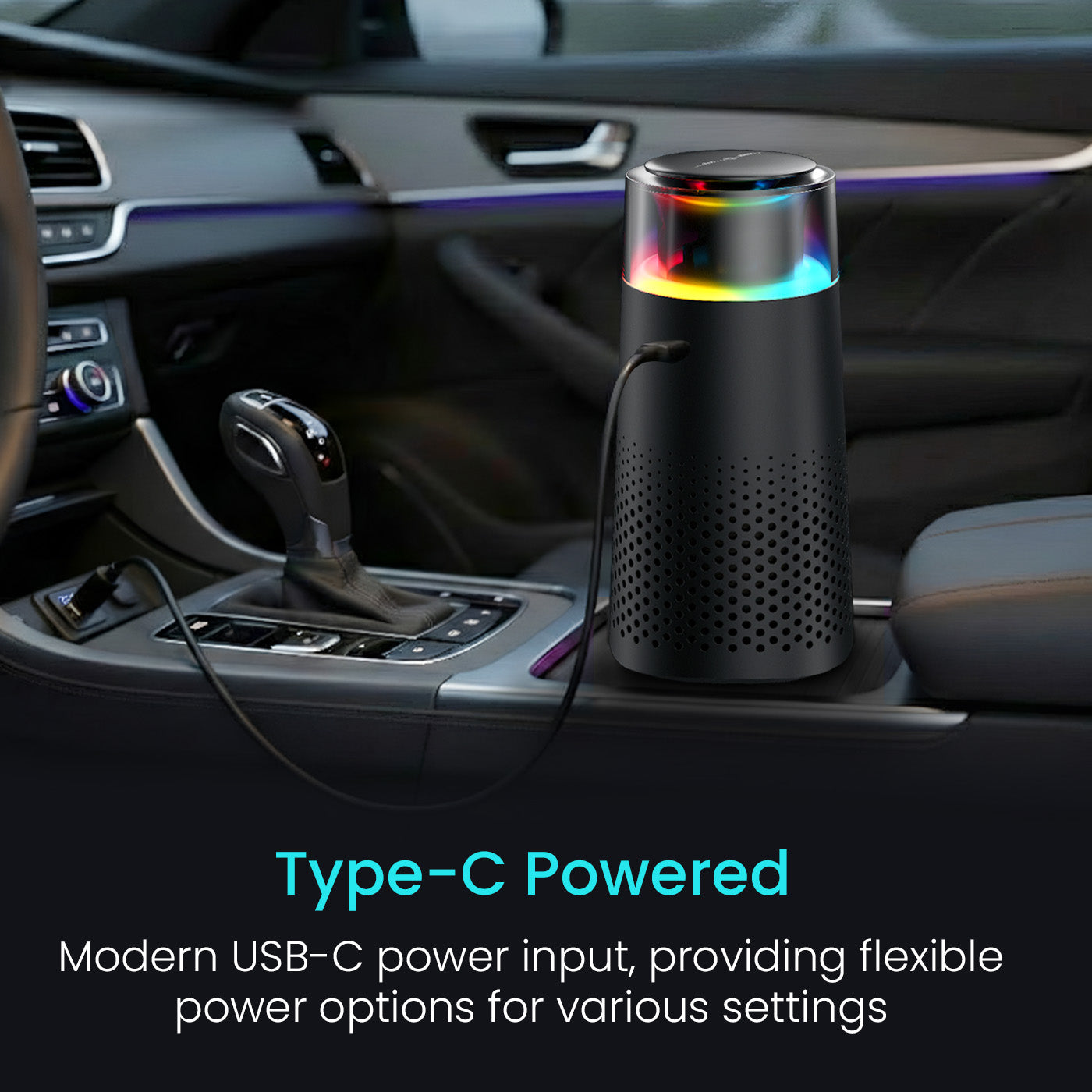 portronics aerodrive humidifier for office and car type-c powered with rainbow rgb glow ring placed on car dashboard – flexible modern usb-c power input for stable operation across different vehicles