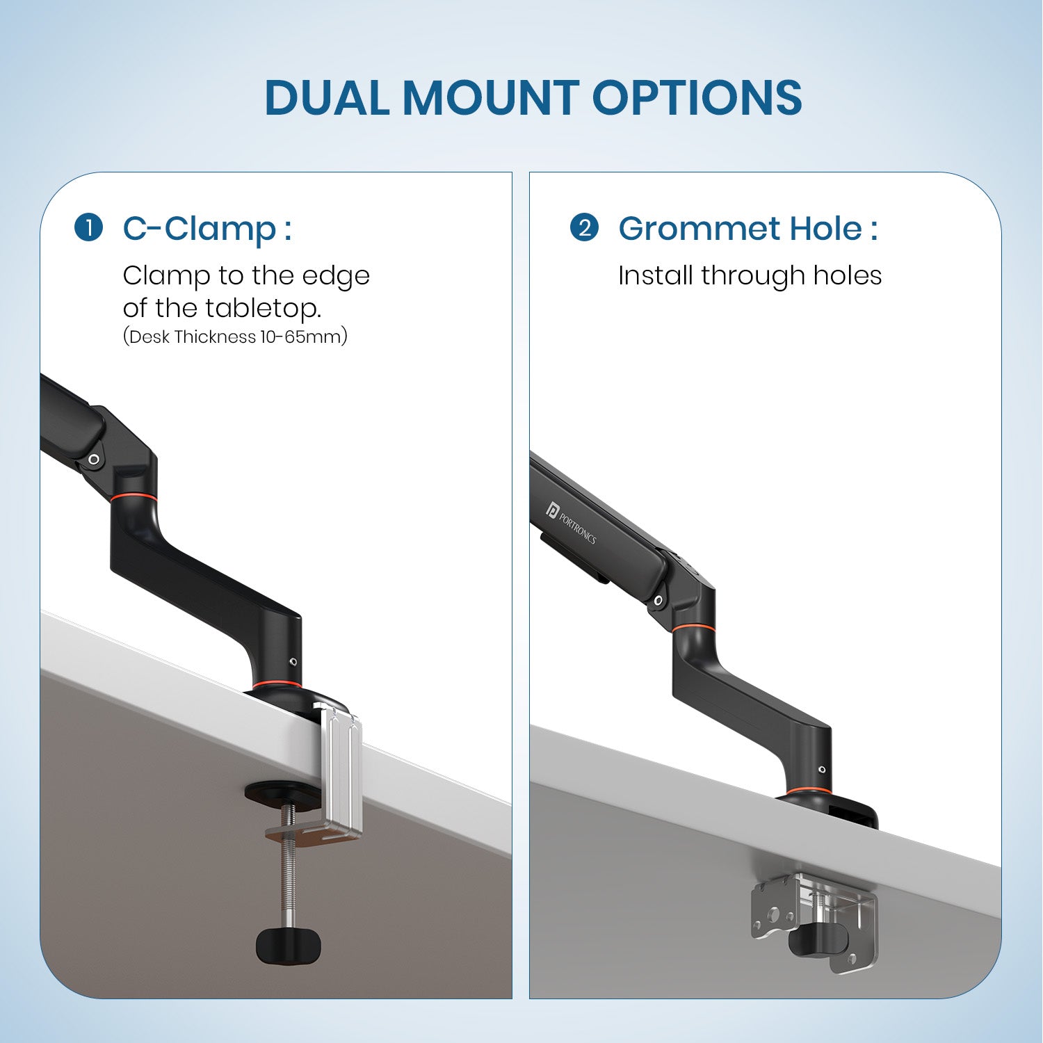 portronics aerolift solo desk mount monitor arm premium aluminium build monitor arms with tilt swivel rotation and vesa support ergonomic desk mount stand