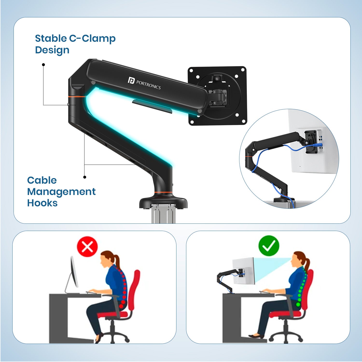 portronics aerolift solo desk mount ergonomic gas spring monitor arms with smooth height adjustment for comfortable viewing best monitor desk mount stand