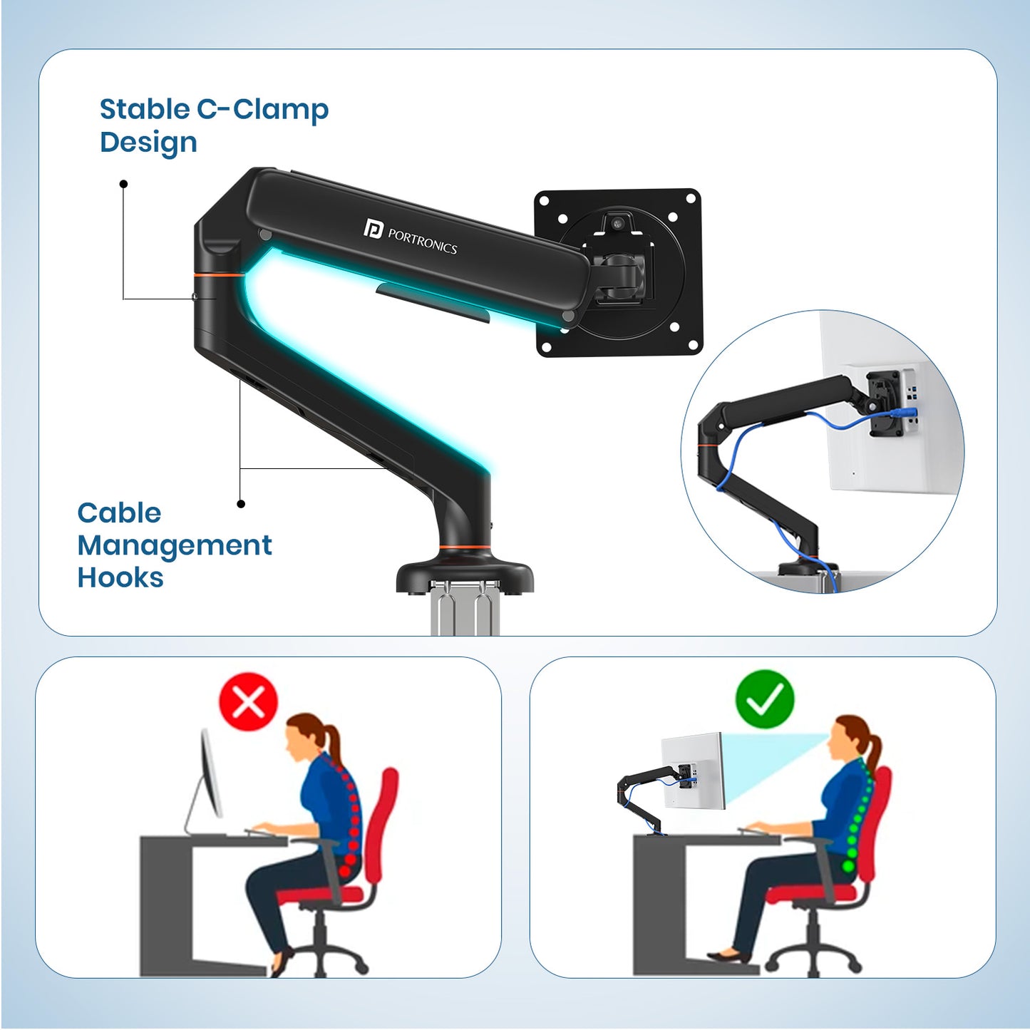 portronics aerolift solo desk mount ergonomic gas spring monitor arms with smooth height adjustment for comfortable viewing best monitor desk mount stand