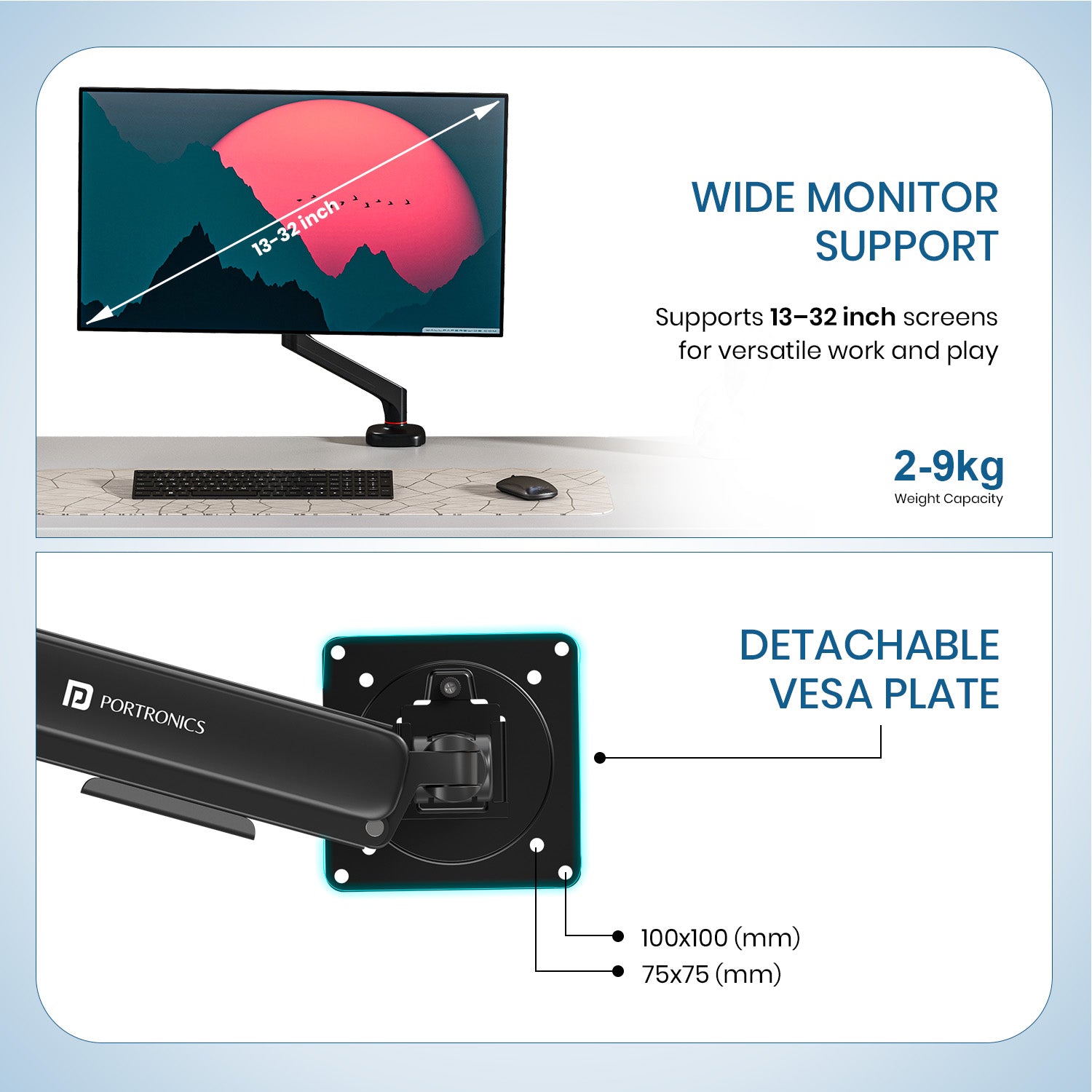 portronics aerolift solo monitor desk mount single monitor arm with cable management hooks and vesa 75x75 100x100 support best monitor arms for clean setup
