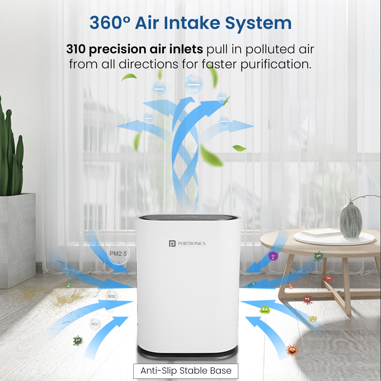 portronics air x air purifier 360 degree intake | air filter with 310 precision inlets | portable air purifier for fast and uniform room purification from all directions
