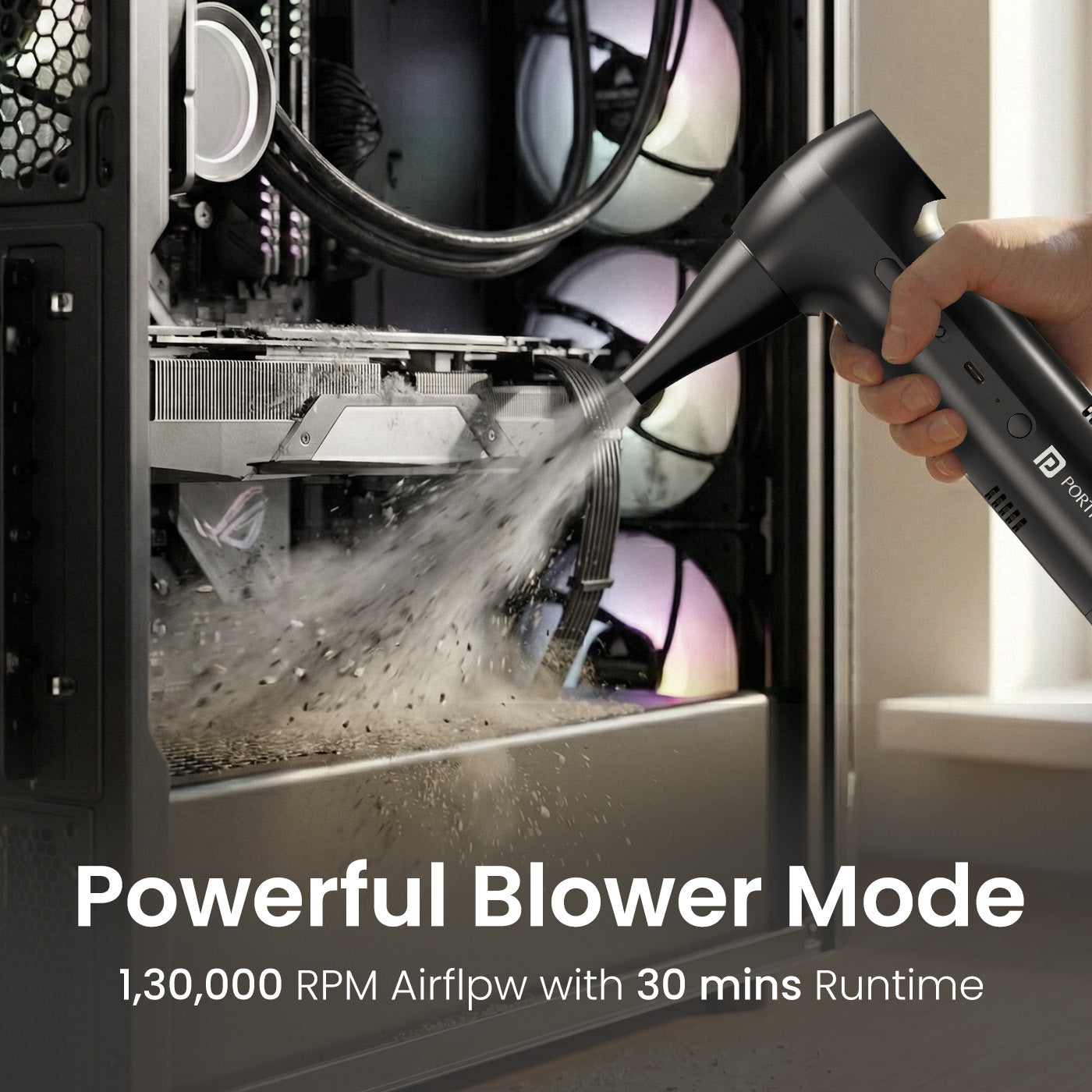 portronics aircop 2 in 1 blower for car and vacuum cleaner close-up with type-c fast charging cable plugged into the device body – 3x2000mah rechargeable battery for up to 60 minutes vacuum runtime and 30 minutes blower mode runtime