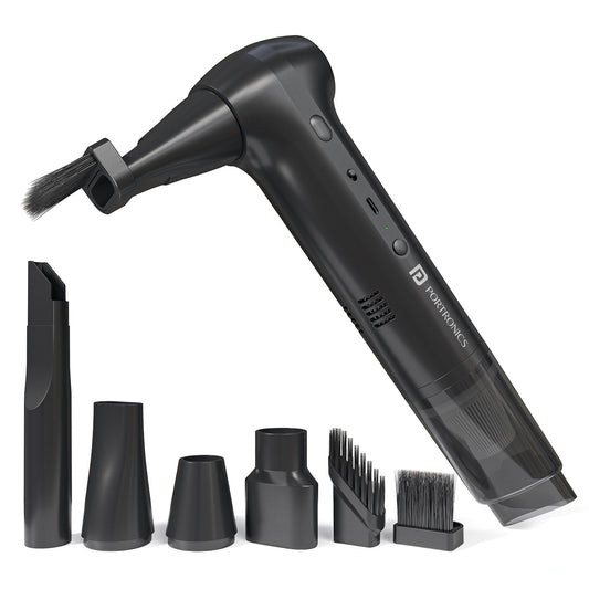 portronics aircop best 2 in 1 vacuum cleaner and blower with blower brush nozzle attached and complete set of 5 accessories including flat suction nozzle, cone nozzle, narrow air duster nozzle, crevice brush, and brush stand on white background