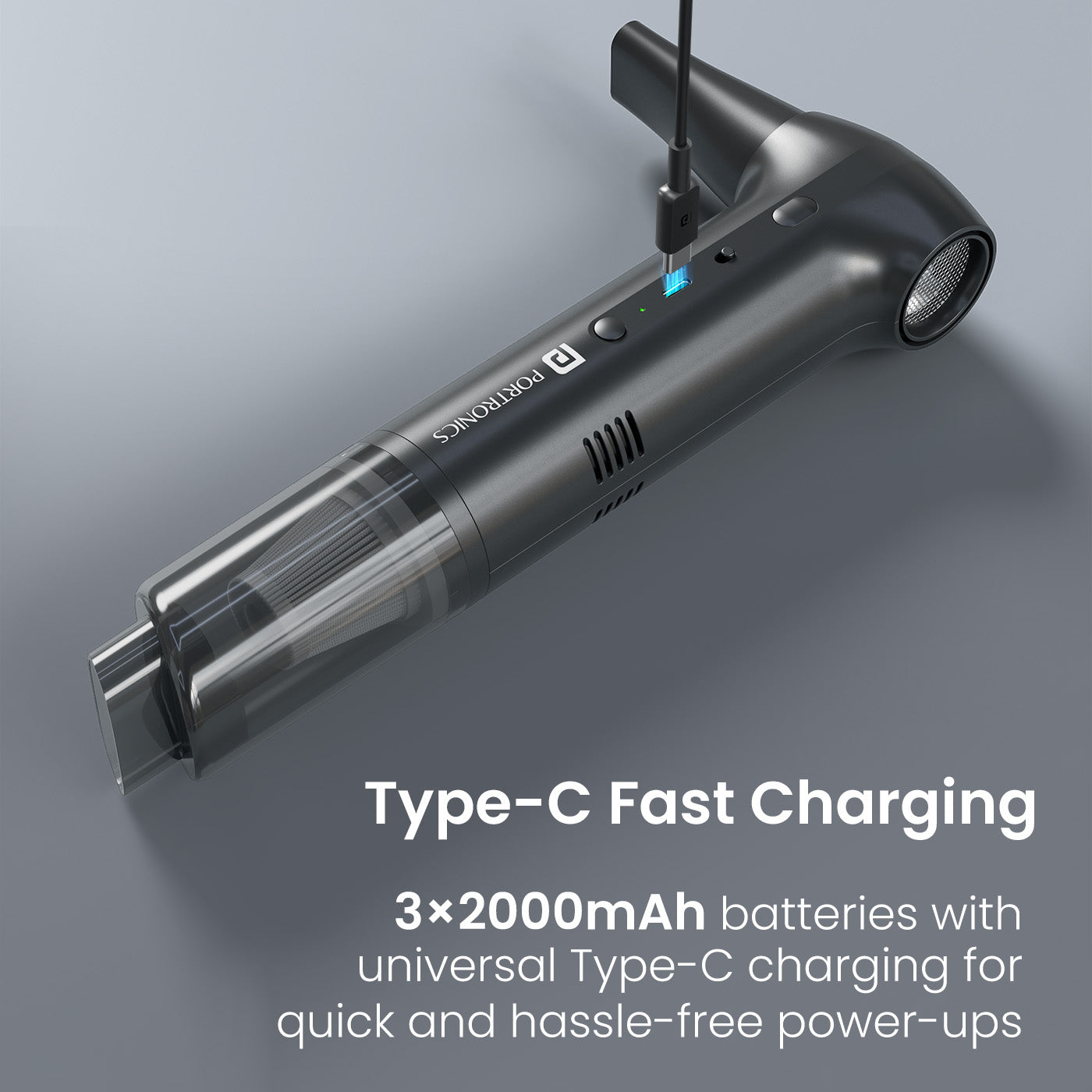 portronics aircop best 2 in 1 vacuum cleaner and blower with type-c fast charging port and 3x2000mah rechargeable battery – top-down view with universal type-c cable plugged in for quick and hassle-free power-ups