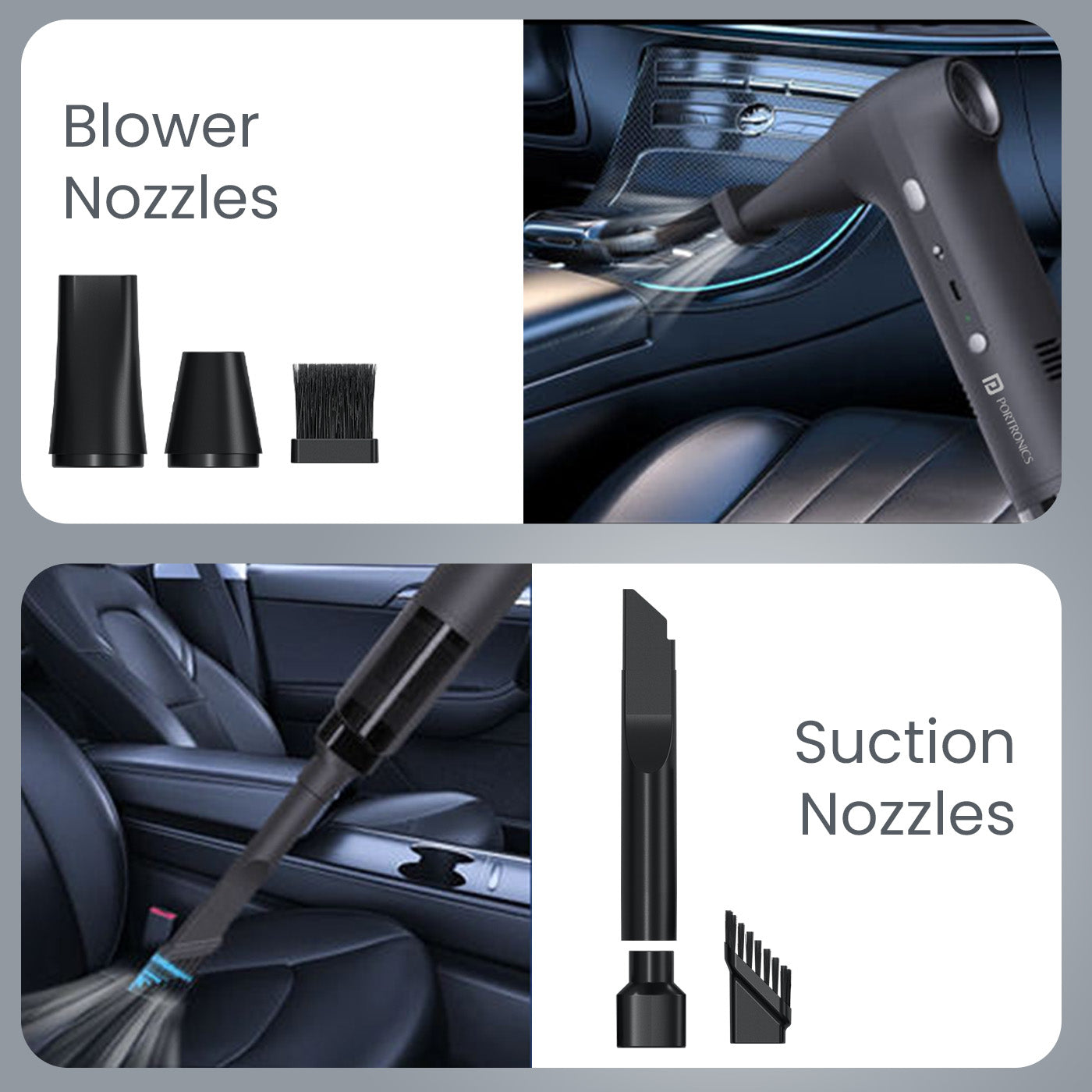 portronics aircop cordless compact lightweight cleaner held in hand while vacuuming a sofa with visible dust particles being sucked up – switch between powerful suction and high-speed blower for car mode to clean dust, corners, keyboards, and more