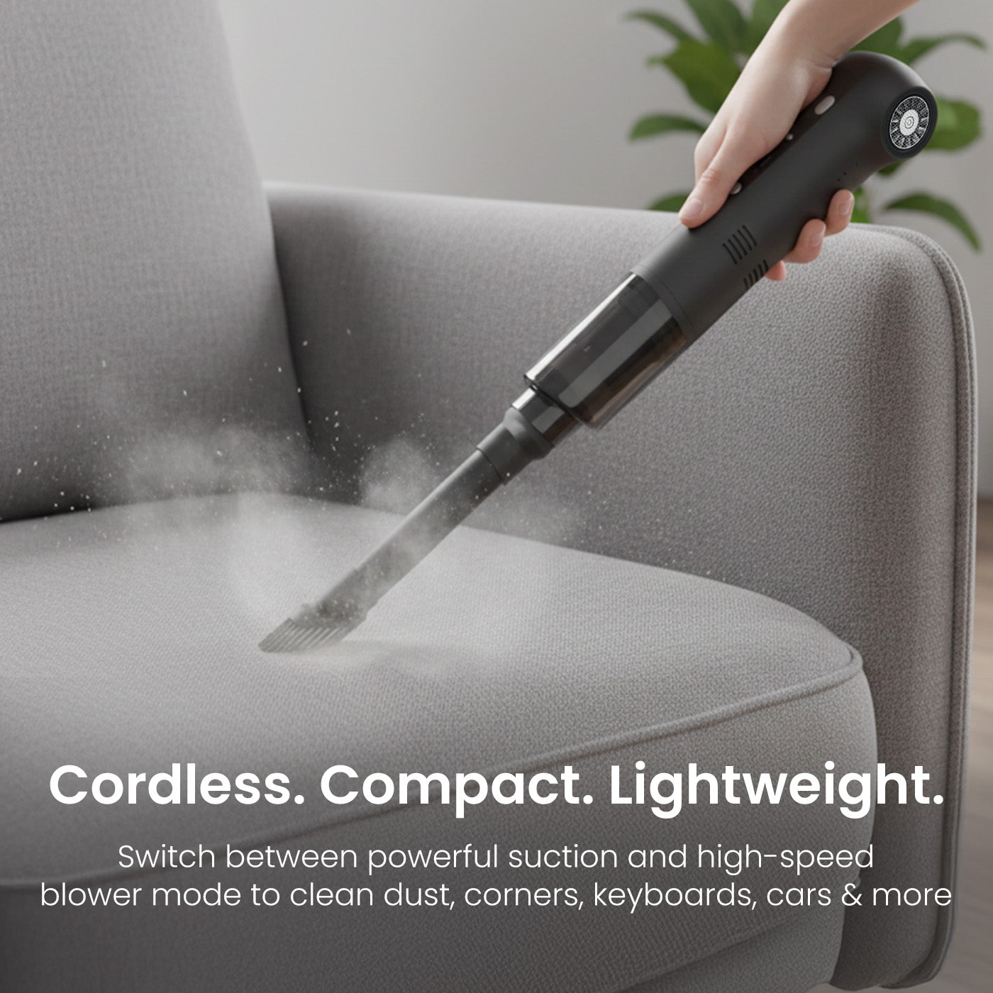 portronics aircop cordless vacuum cleaner used in car seat gap with specialized suction nozzles including slim flat nozzle and crevice brush – ideal for deep cleaning car interiors, tight corners, and hard-to-reach areas with 16000pa strong suction