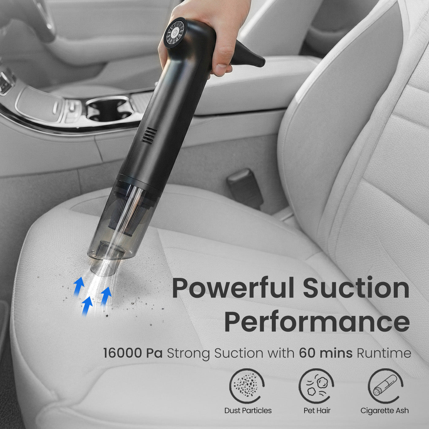 portronics aircop cordless vacuum cleaner and blower with 16000pa powerful suction performance removing dust particles, pet hair, and cigarette ash from car seat – rechargeable battery with 60 minutes runtime for uninterrupted cleaning
