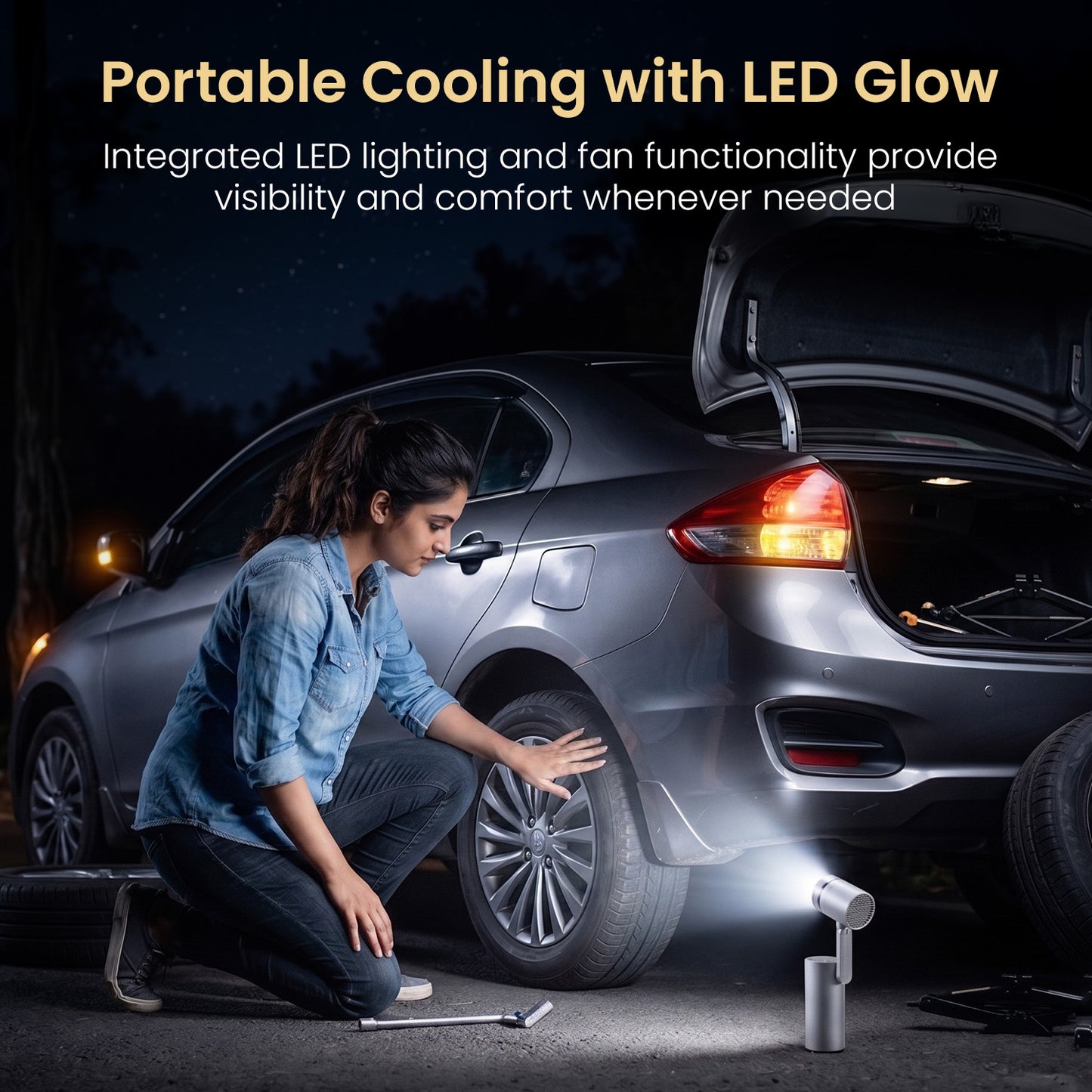 portronics airlo outdoor fan with led glow | camping fan illuminating surroundings during night-time use | portable hand fan with built-in light for emergencies | best outdoor camping fan with integrated led light