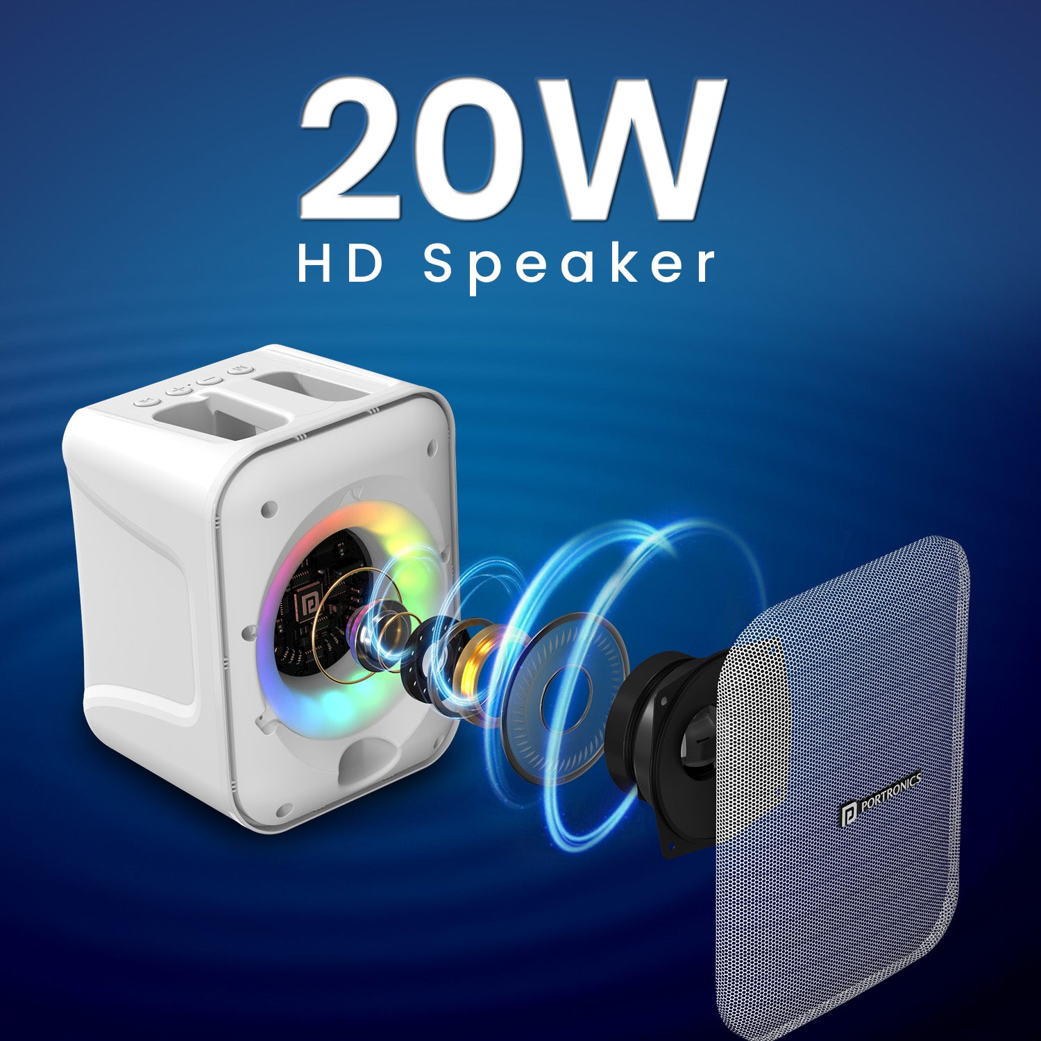 White portronics apollo one 20w bluetooth speaker | internal audio driver assembly with protective grille 20w speaker | enjoying clear sound and strong bass at home music speaker | 20w bluetooth speaker with protective front grille