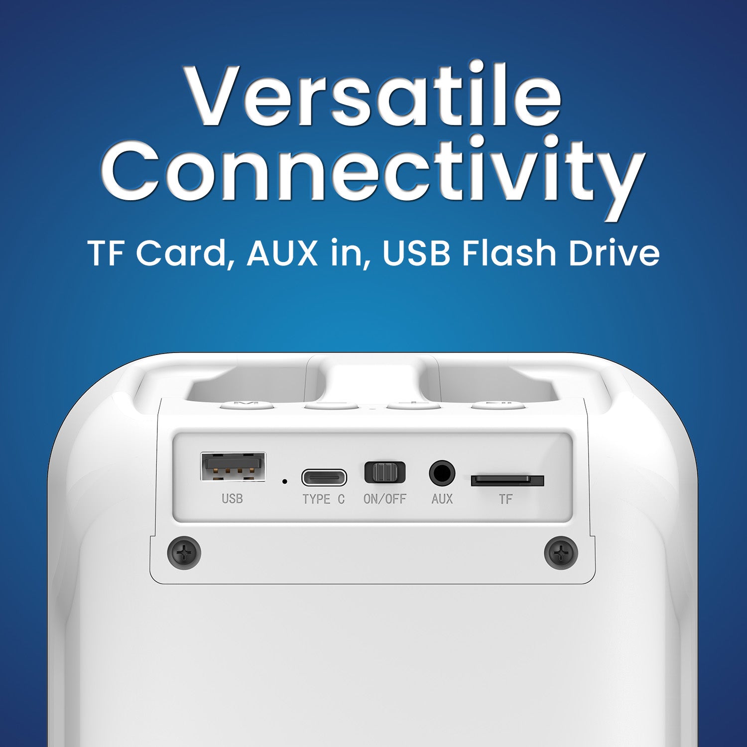 White portronics apollo one aux speaker | rear input panel supporting memory cards and flash drives usb speaker | connecting different media sources for audio playback portable party speaker | aux speaker with usb and tf card inputs
