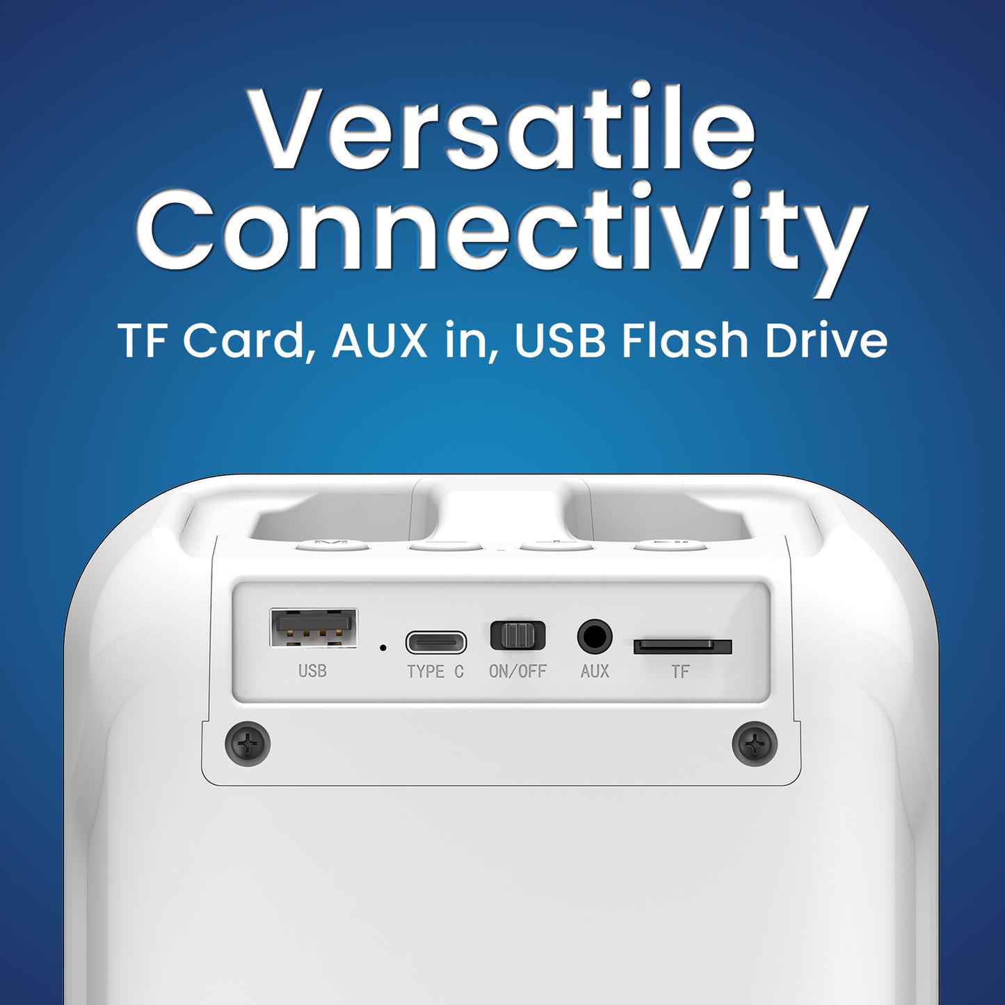 White portronics apollo one aux speaker | rear input panel supporting memory cards and flash drives usb speaker | connecting different media sources for audio playback portable party speaker | aux speaker with usb and tf card inputs