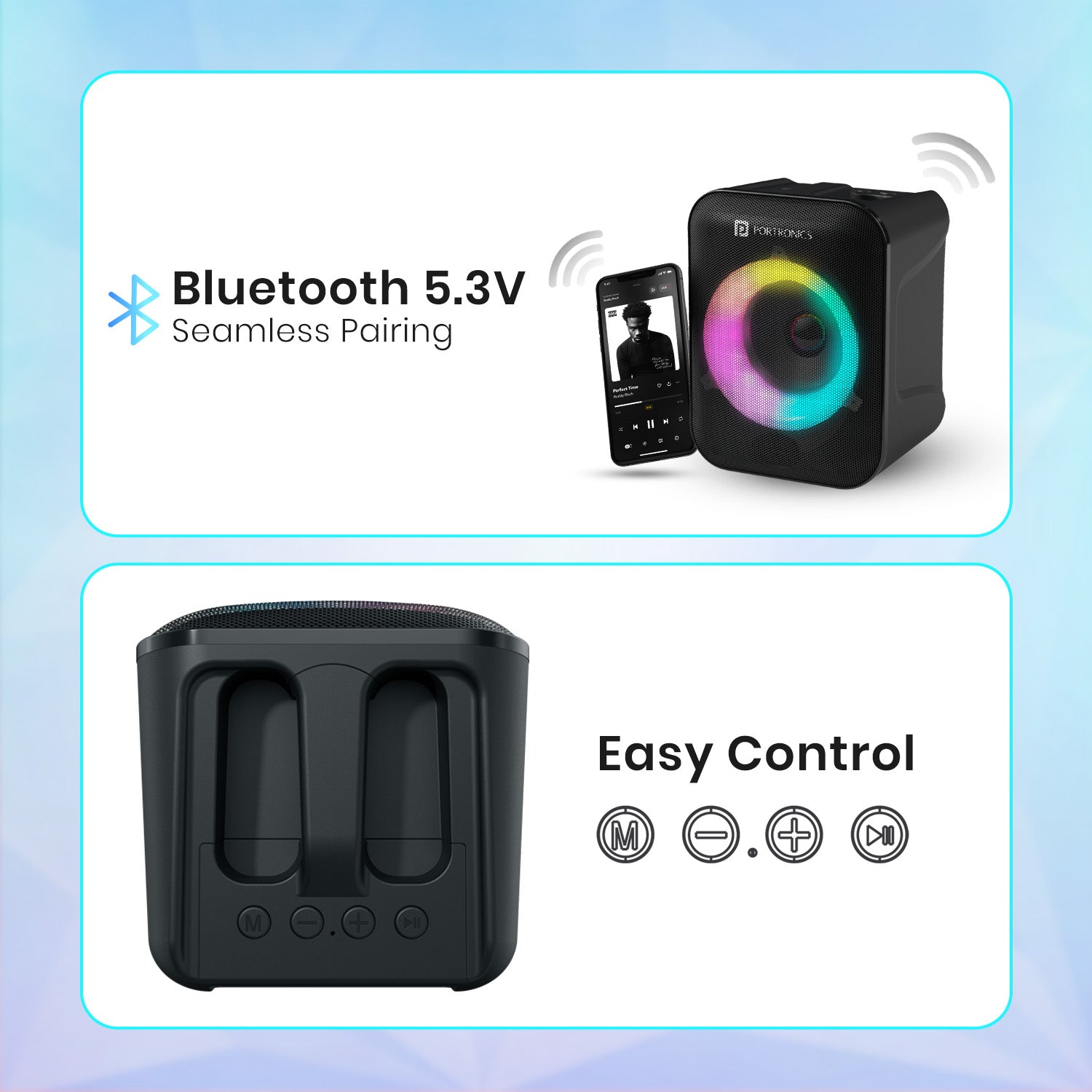 Black portronics apollo one bluetooth 5.3 speaker | stable wireless pairing with low latency transmission wireless speaker | streaming high quality audio from mobile phones wireless bluetooth speaker | best bluetooth 5.3 speaker with wireless mic