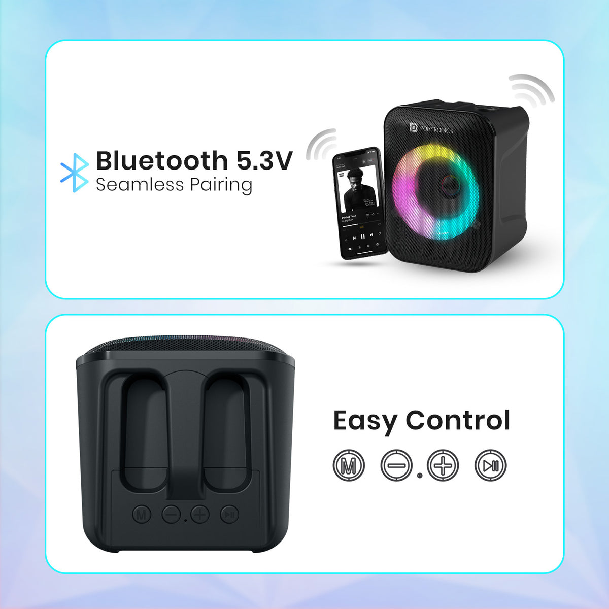 Black portronics apollo one bluetooth 5.3 speaker | stable wireless pairing with low latency transmission wireless speaker | streaming high quality audio from mobile phones wireless bluetooth speaker | best bluetooth 5.3 speaker with wireless mic