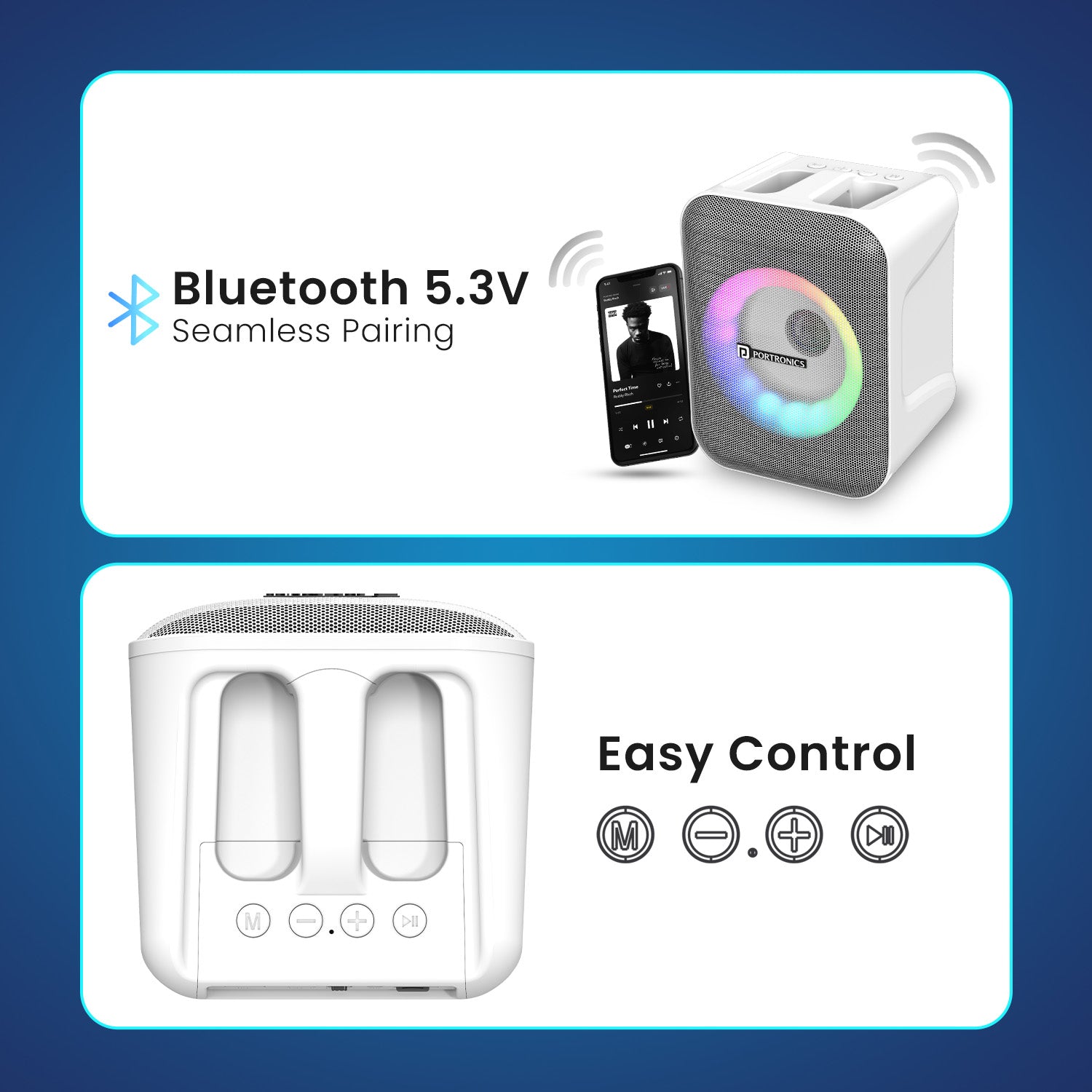 White portronics apollo one bluetooth 5.3 speaker | seamless wireless pairing with high range connectivity wireless bluetooth speaker | streaming playlists wirelessly from smart devices music speaker | bluetooth 5.3 speaker with wireless microphone