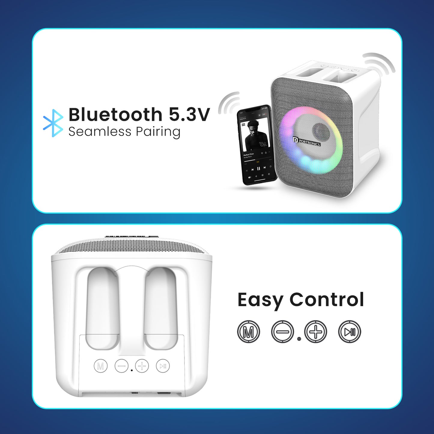 White portronics apollo one bluetooth 5.3 speaker | seamless wireless pairing with high range connectivity wireless bluetooth speaker | streaming playlists wirelessly from smart devices music speaker | bluetooth 5.3 speaker with wireless microphone