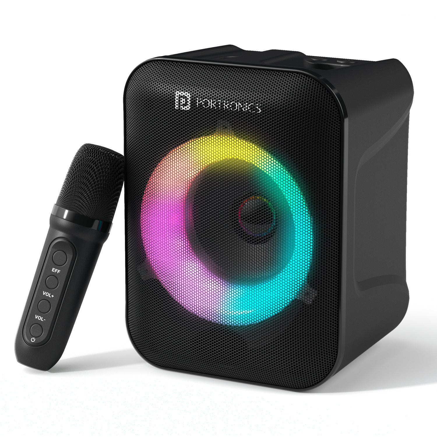 Black portronics apollo one bluetooth speaker with mic | rechargeable karaoke speaker with circular lighting ring party speaker | singing along to favorite tunes at home karaoke speaker | wireless karaoke speaker with microphone for home party