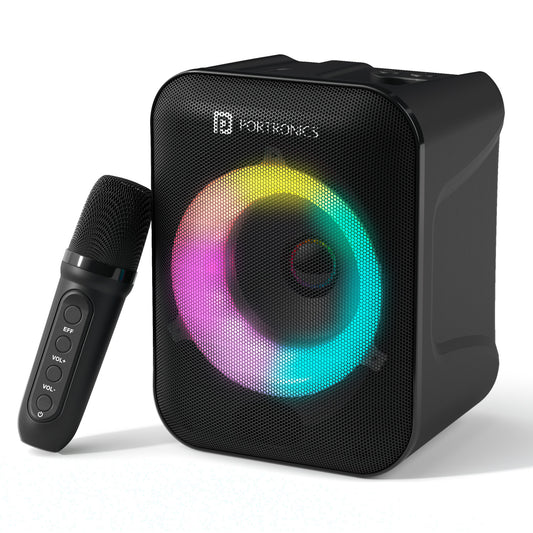 Black portronics apollo one bluetooth speaker with mic | rechargeable karaoke speaker with circular lighting ring party speaker | singing along to favorite tunes at home karaoke speaker | wireless karaoke speaker with microphone for home party