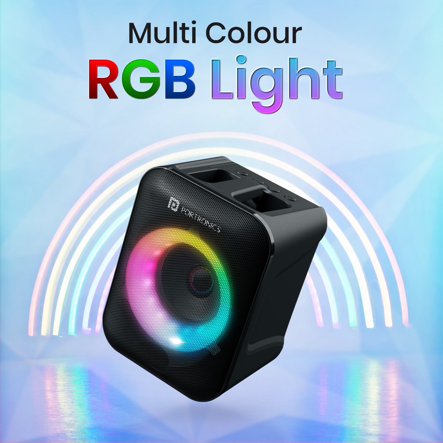 Black portronics apollo one rgb party speaker | vibrant led ring syncing with the music beat rgb bluetooth speaker | creating a lively club atmosphere at house parties karaoke machine | party bluetooth speaker with rgb lights