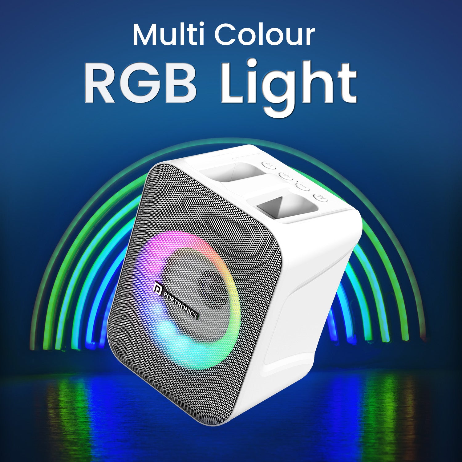 White portronics apollo one rgb bluetooth speaker | music reactive led light ring on light cabinet rgb party speaker | setting the right mood for evening celebrations party speaker | rgb bluetooth speaker with music reactive lights