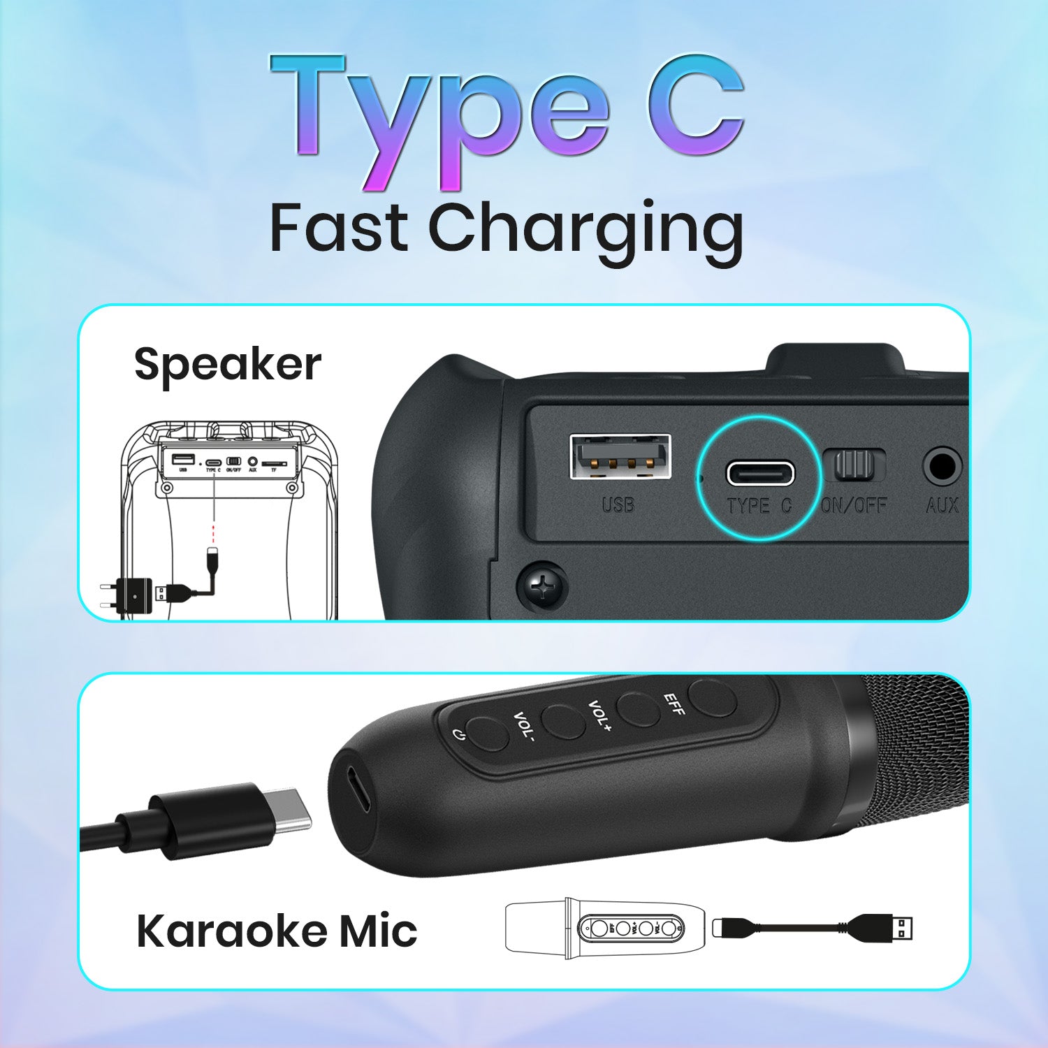 Black portronics apollo one type-c speaker | modern charging port for rapid power replenishment rechargeable speaker | quickly powering up the device before an event bluetooth speaker with fm | type c charging speaker with wireless mic